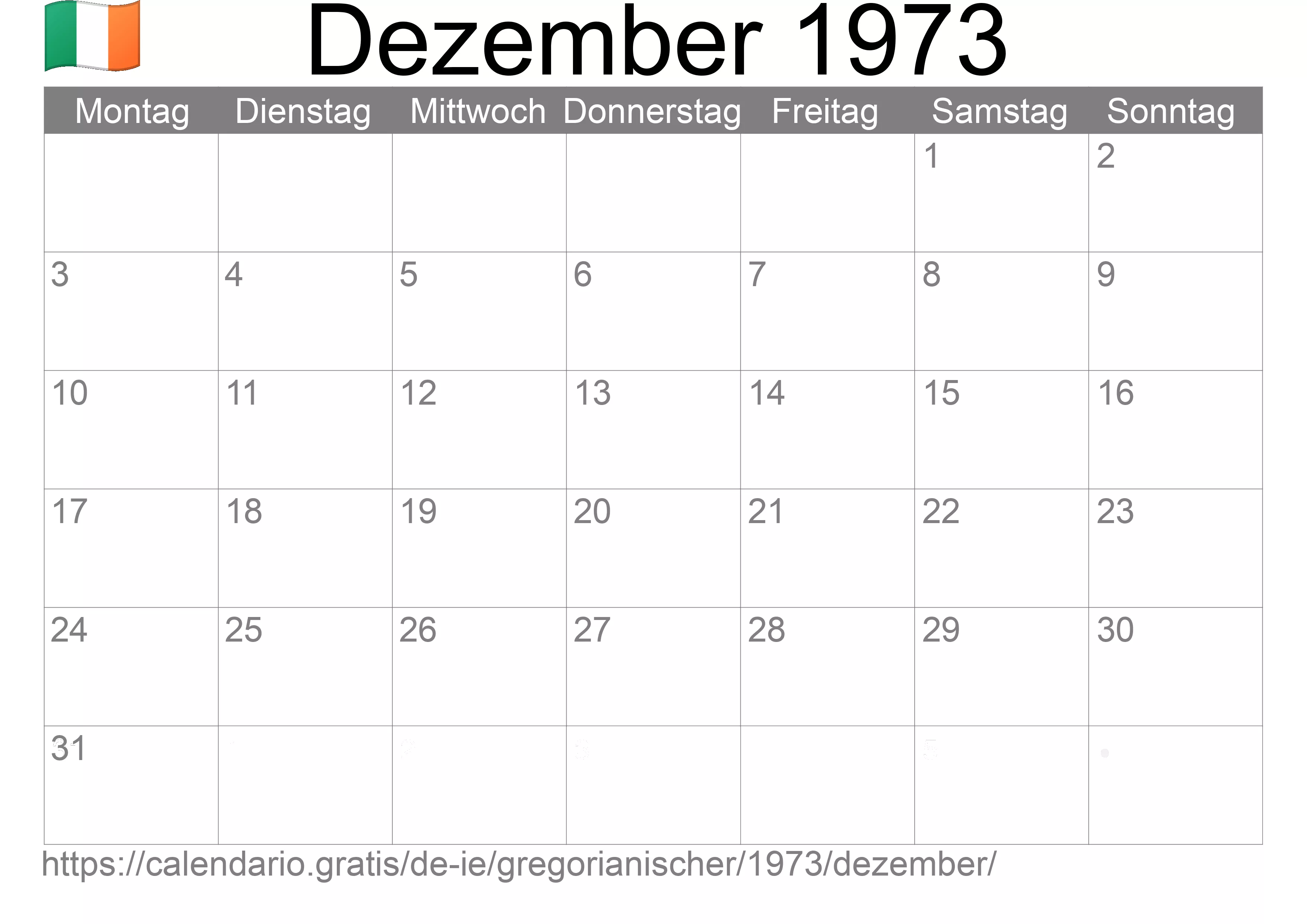 Kalender Dezember 1973 zum Ausdrucken (Irland)