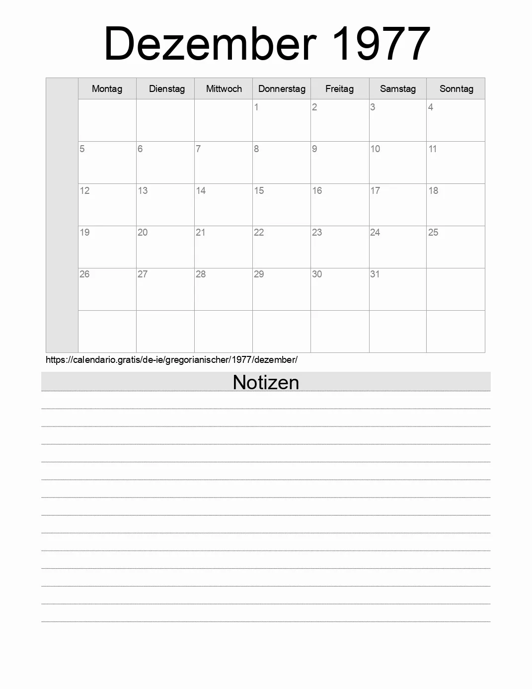 Kalender für Dezember 1977 zum Drucken mit Notizen. (Irland)