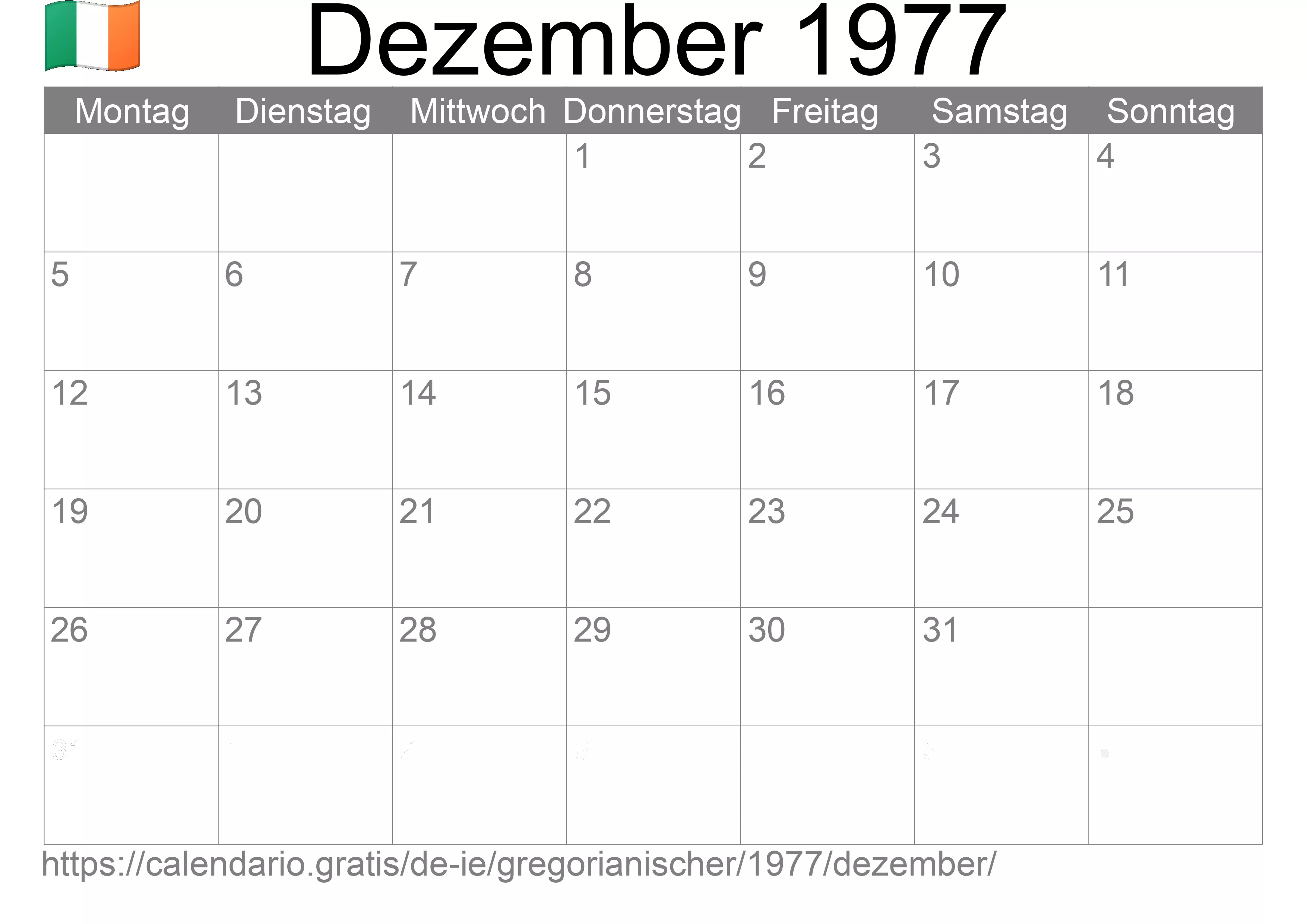 Kalender Dezember 1977 zum Ausdrucken (Irland)