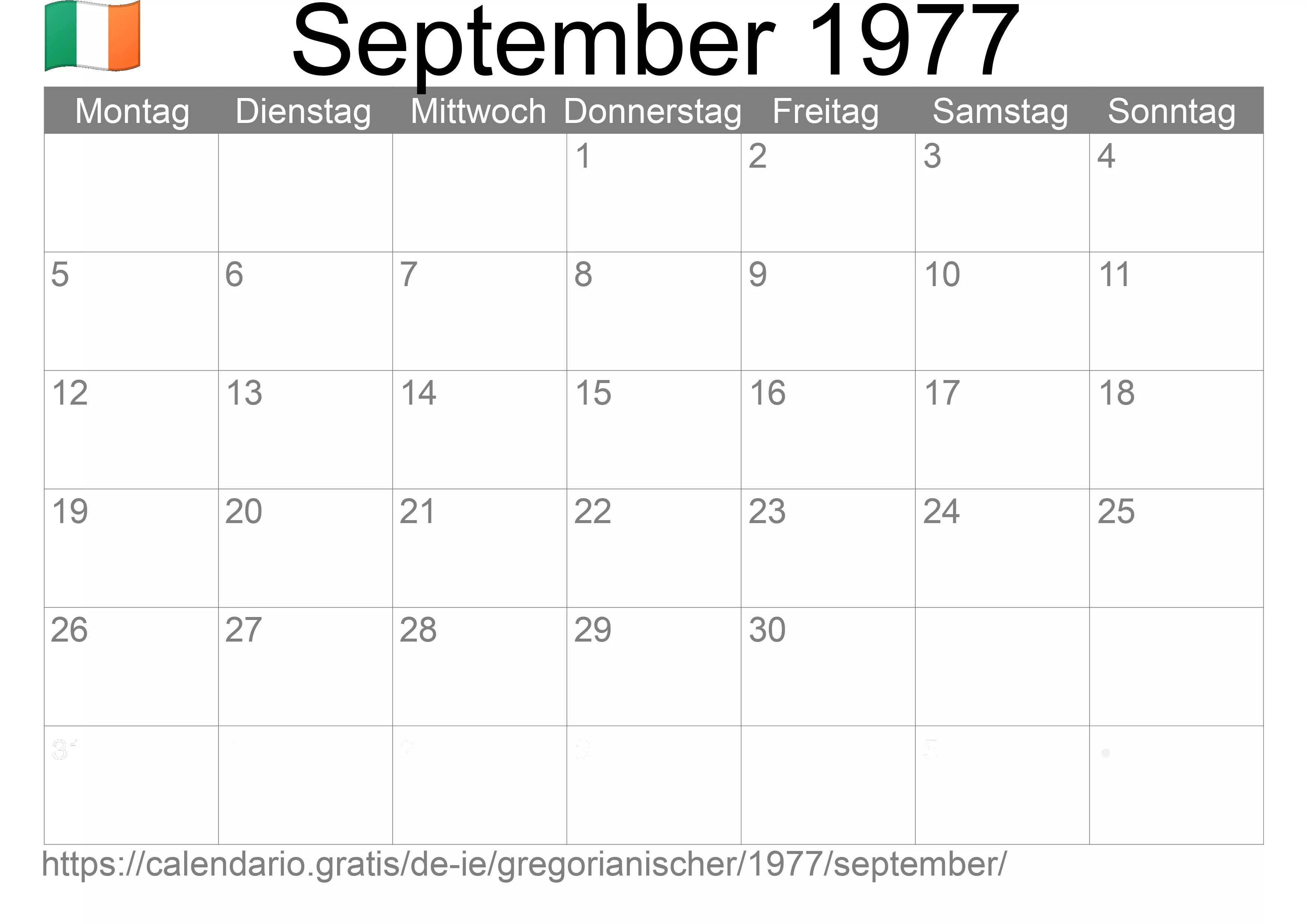 Kalender September 1977 zum Ausdrucken (Irland)