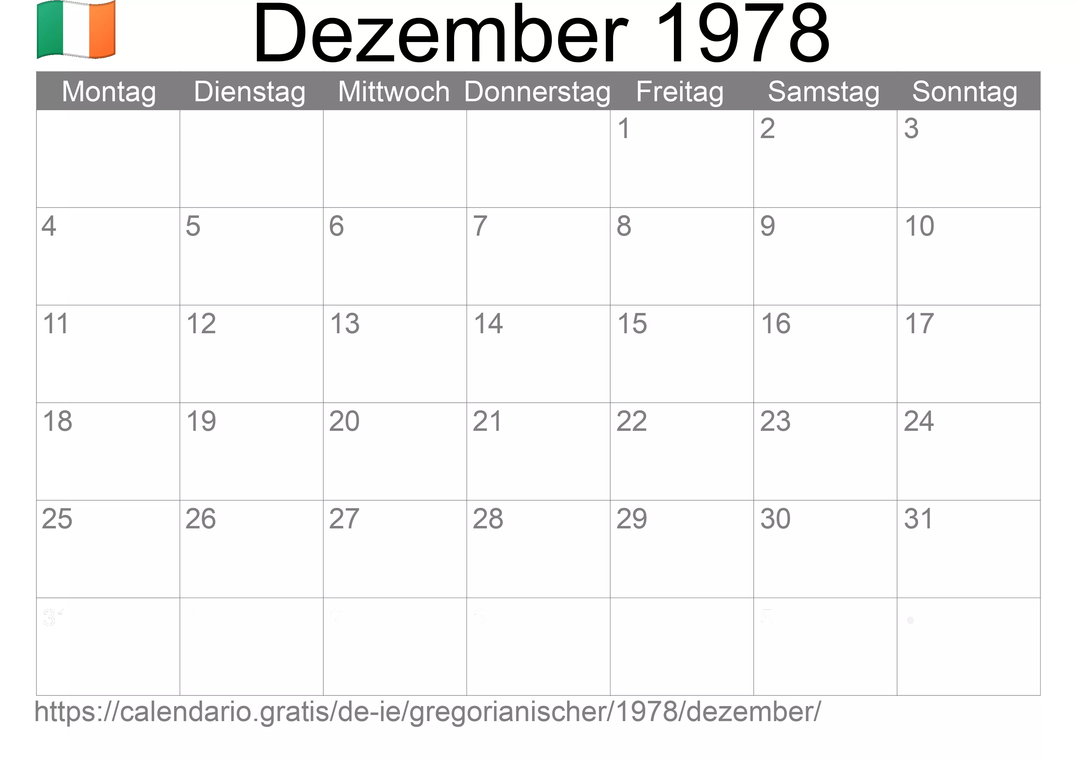 Kalender Dezember 1978 zum Ausdrucken (Irland)