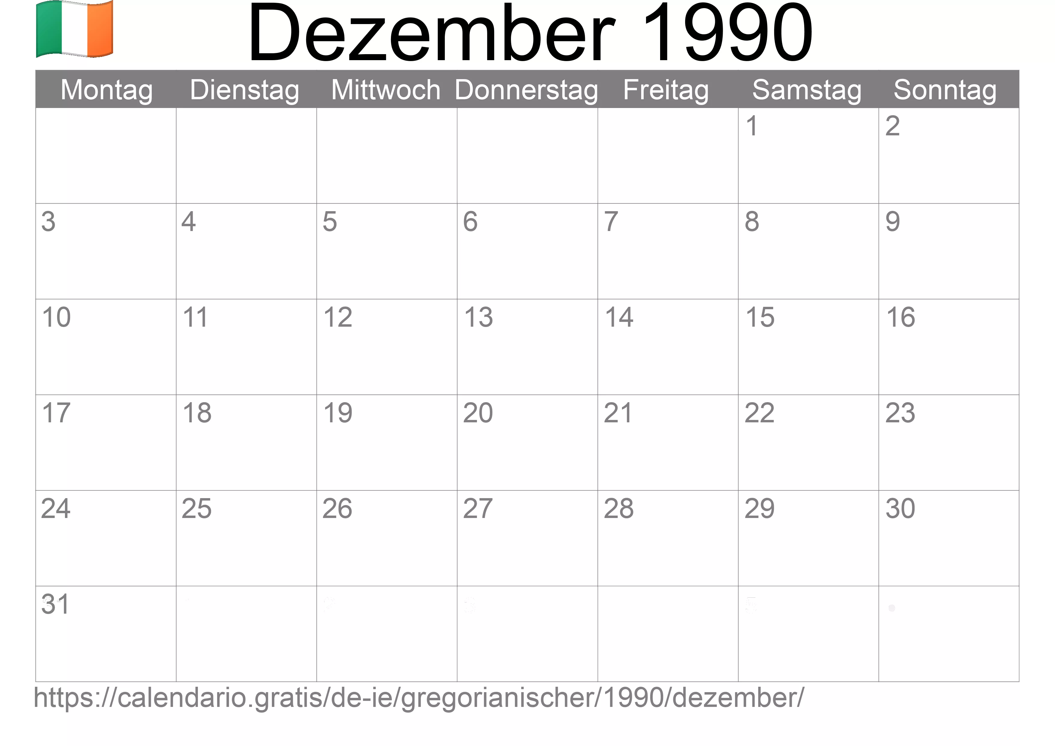 Kalender Dezember 1990 zum Ausdrucken (Irland)