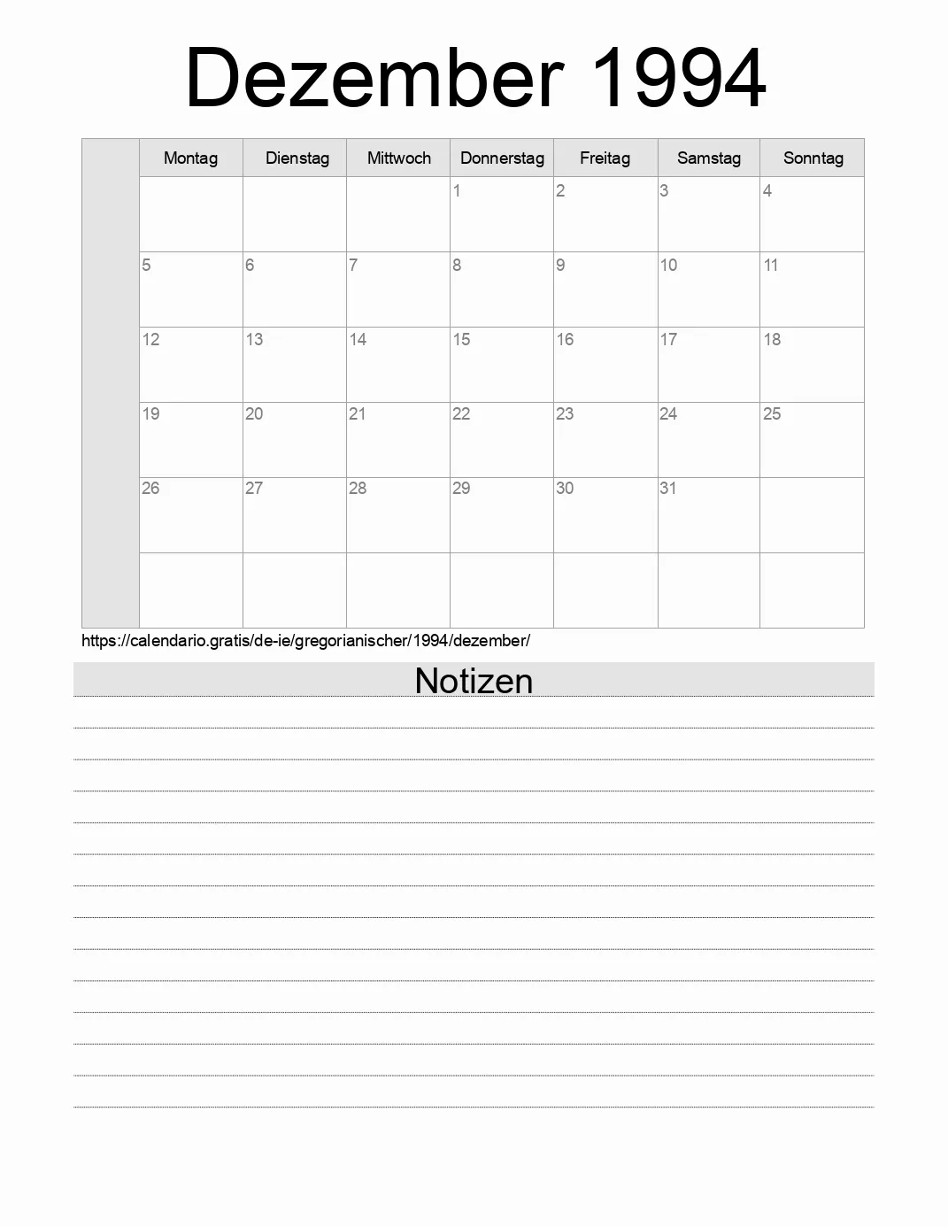 Kalender für Dezember 1994 zum Drucken mit Notizen. (Irland)