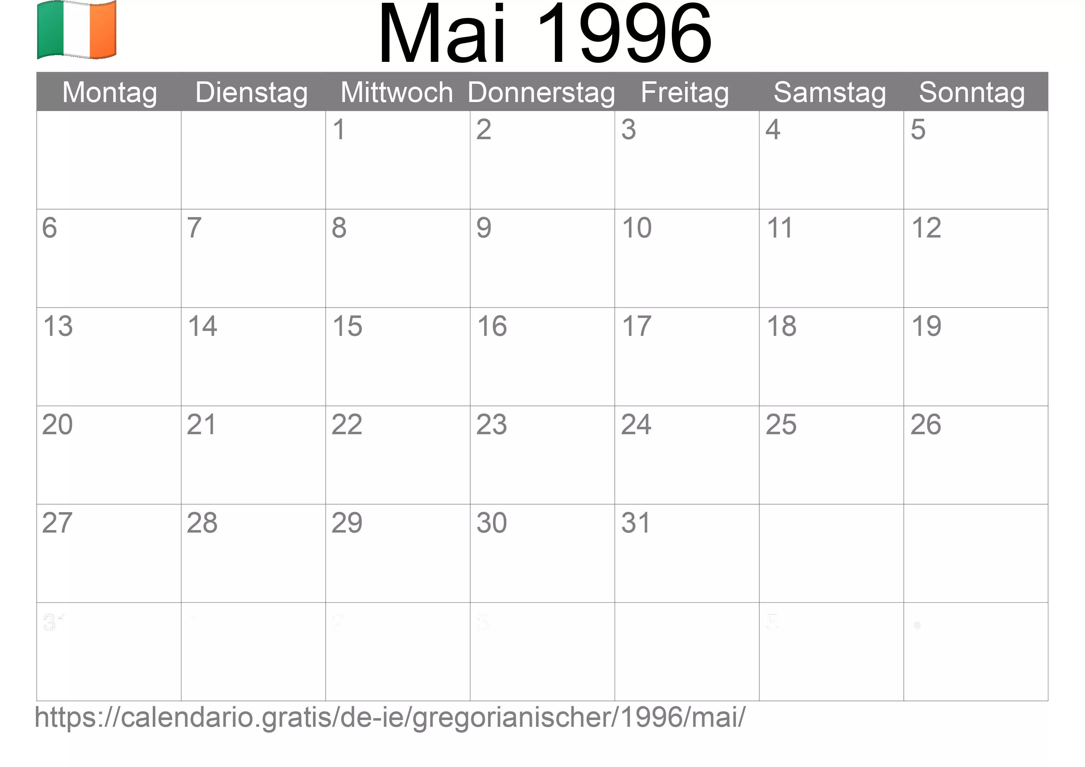 Kalender Mai 1996 zum Ausdrucken (Irland)