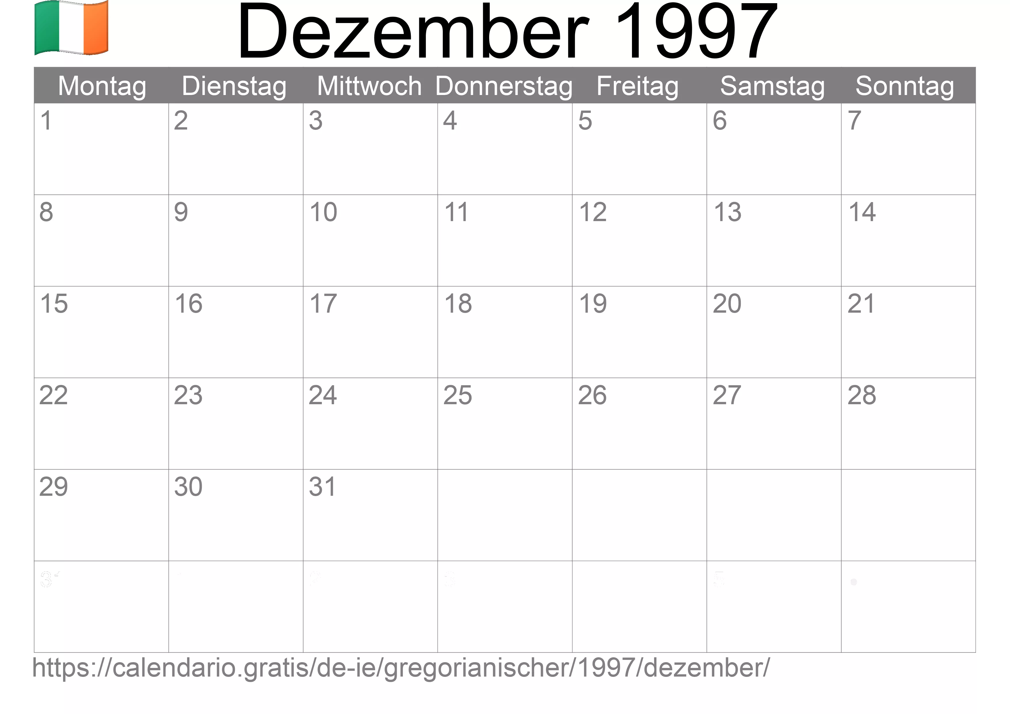 Kalender Dezember 1997 zum Ausdrucken (Irland)