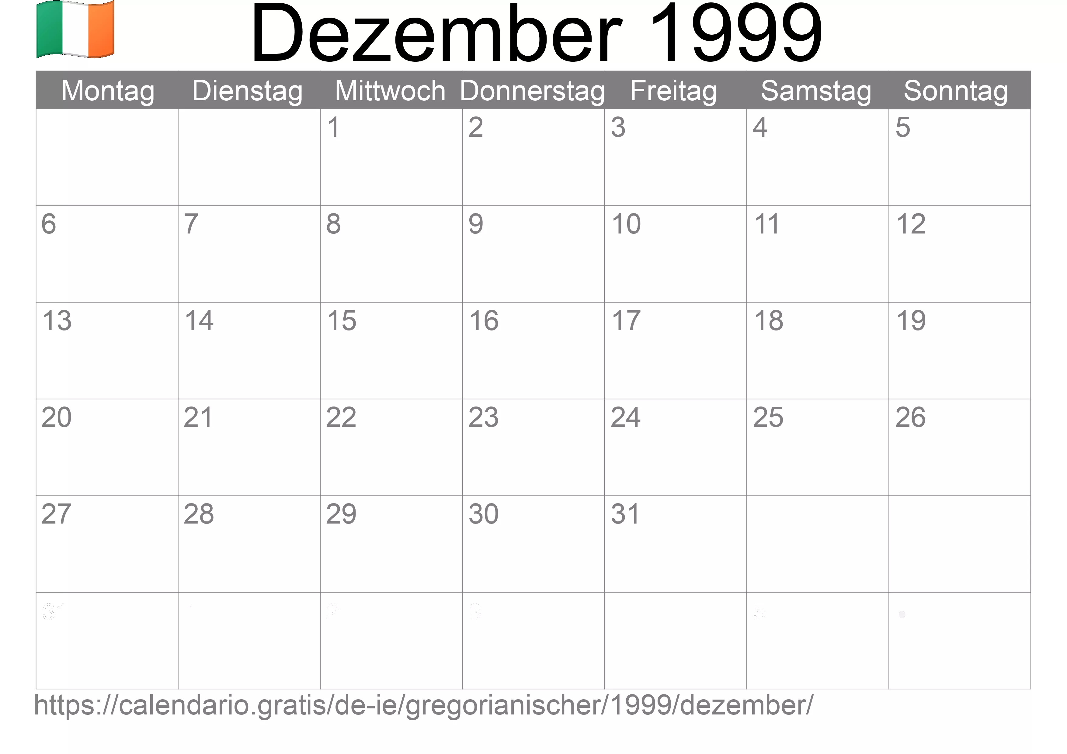 Kalender Dezember 1999 zum Ausdrucken (Irland)