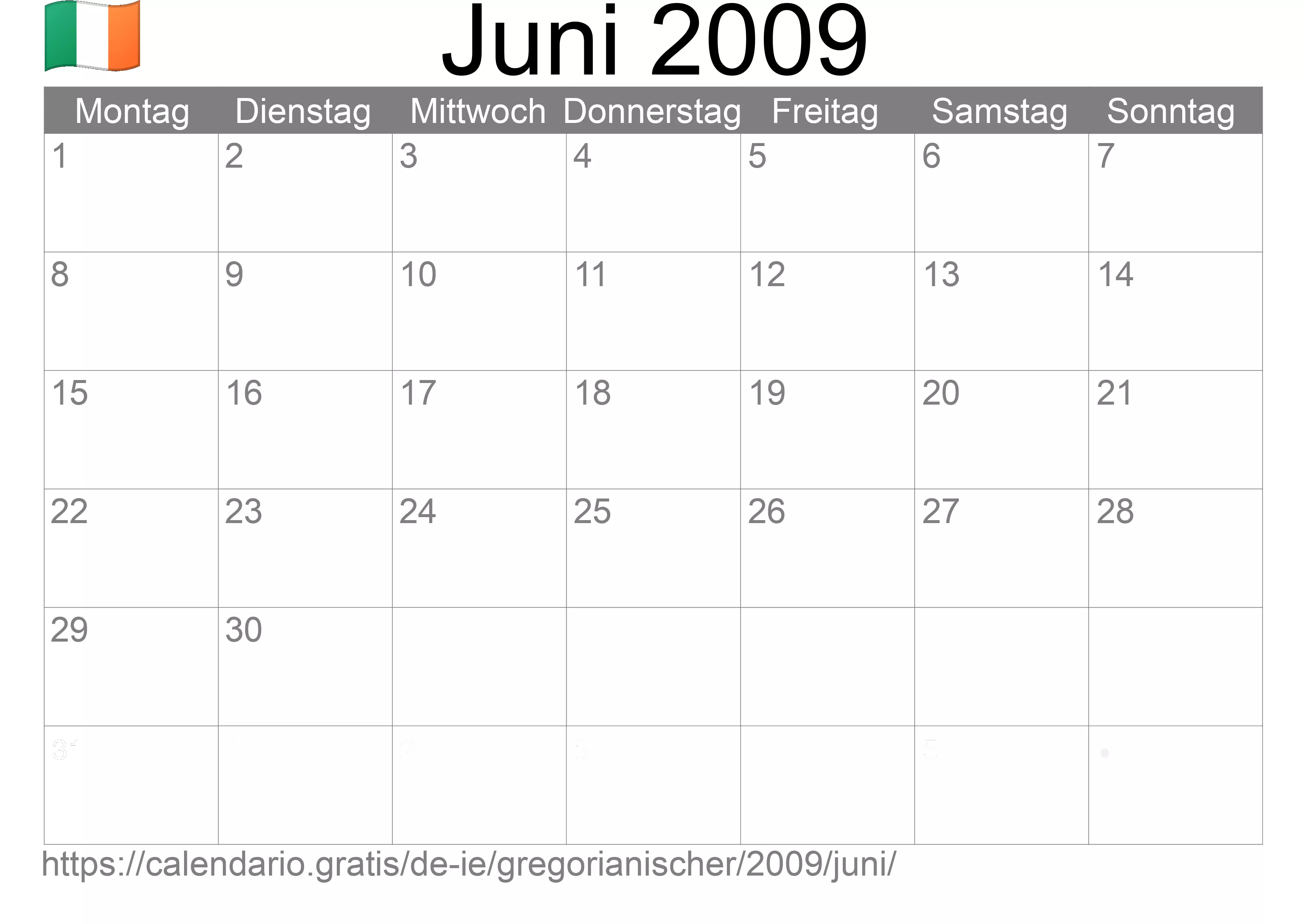 Kalender Juni 2009 zum Ausdrucken (Irland)