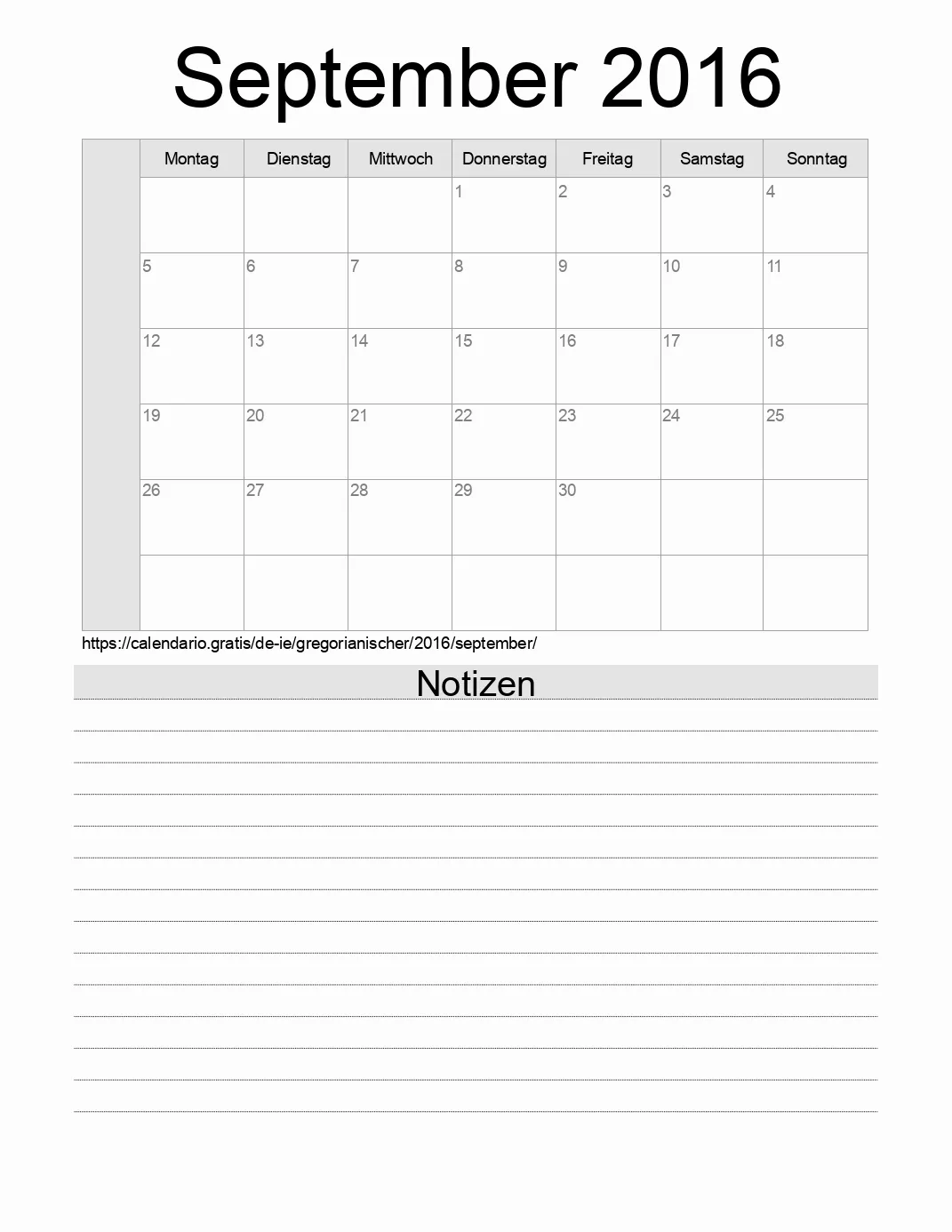 Kalender für September 2016 zum Drucken mit Notizen. (Irland)