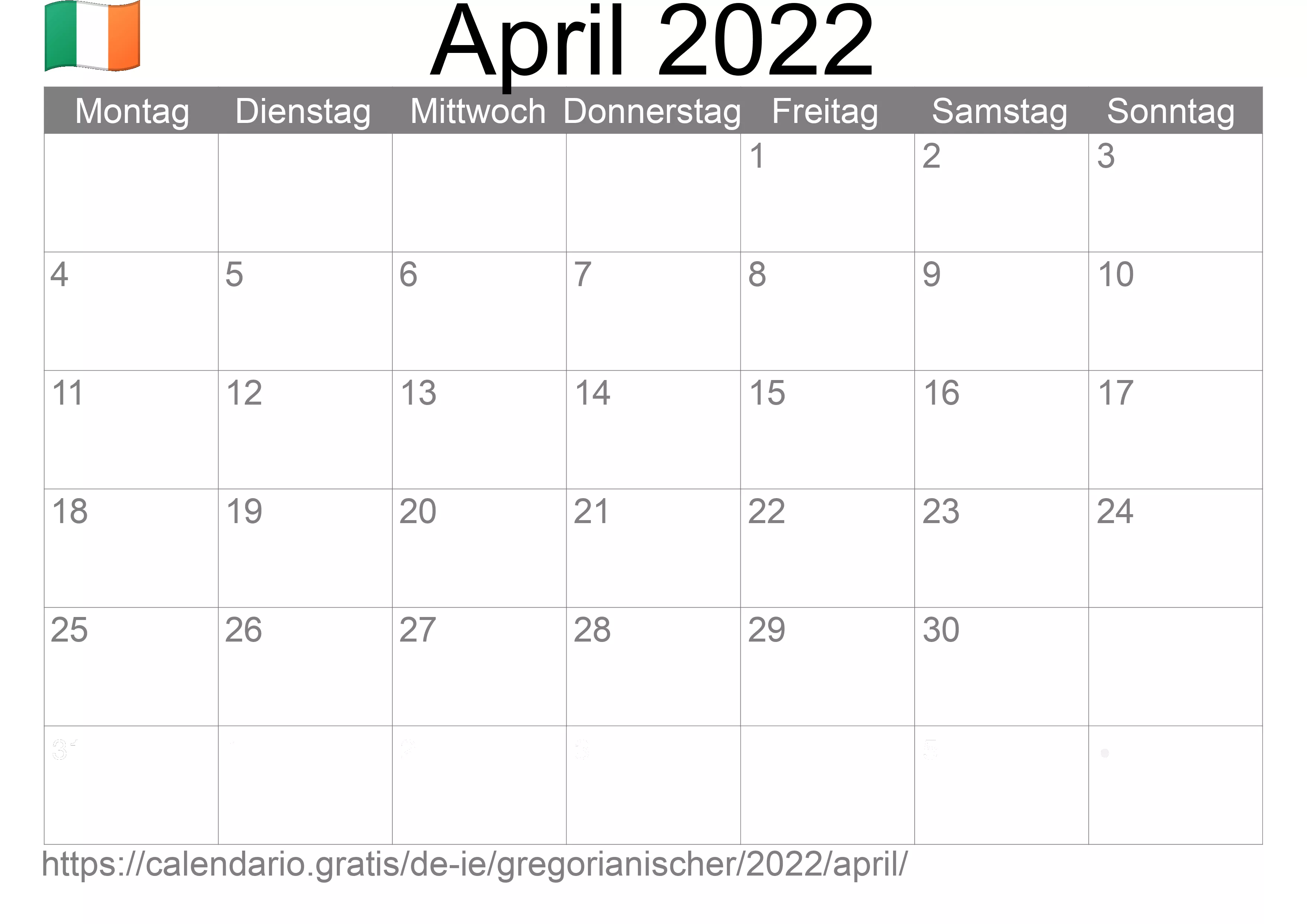 Kalender April 2022 zum Ausdrucken (Irland)