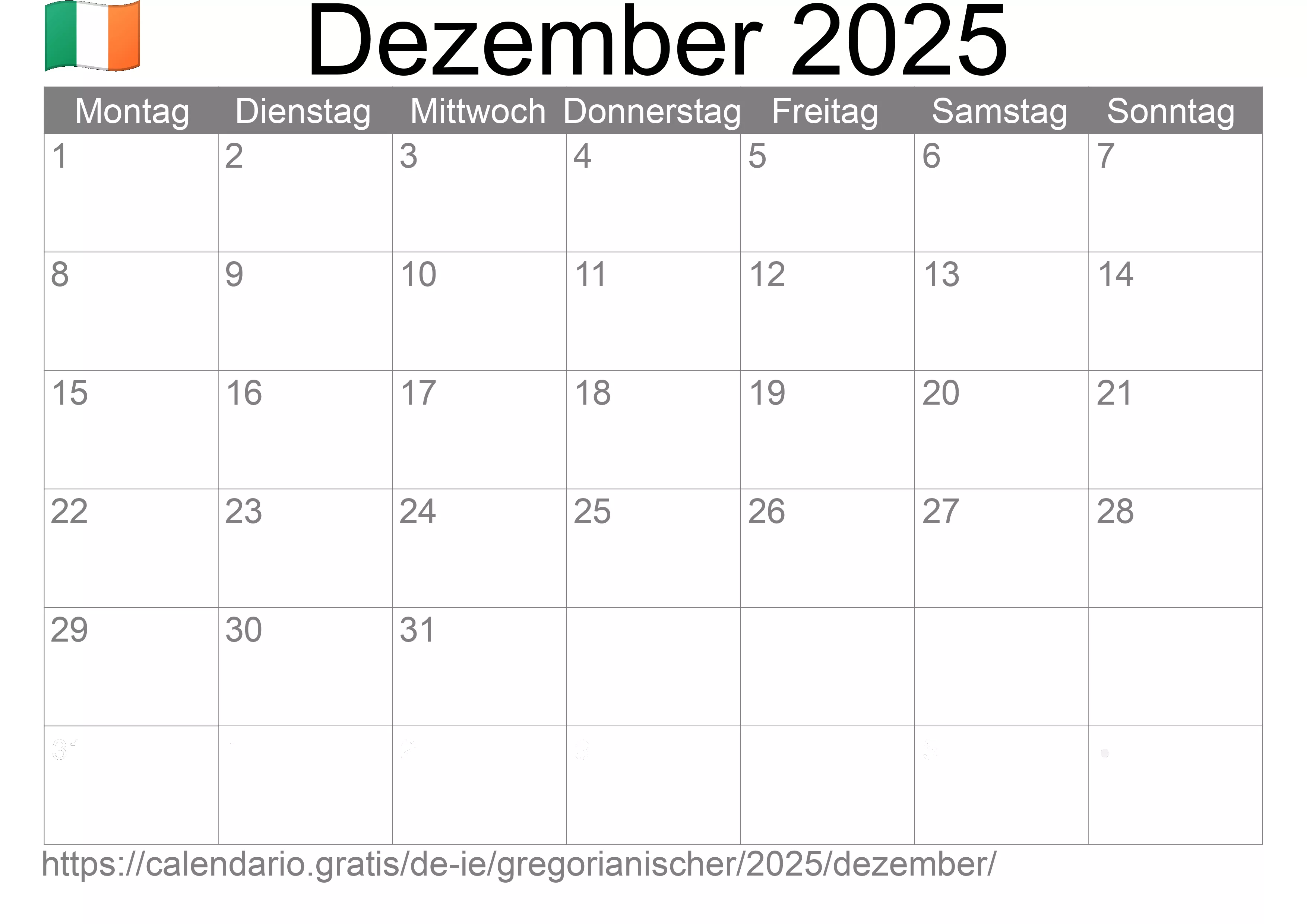 Kalender Dezember 2025 zum Ausdrucken (Irland)