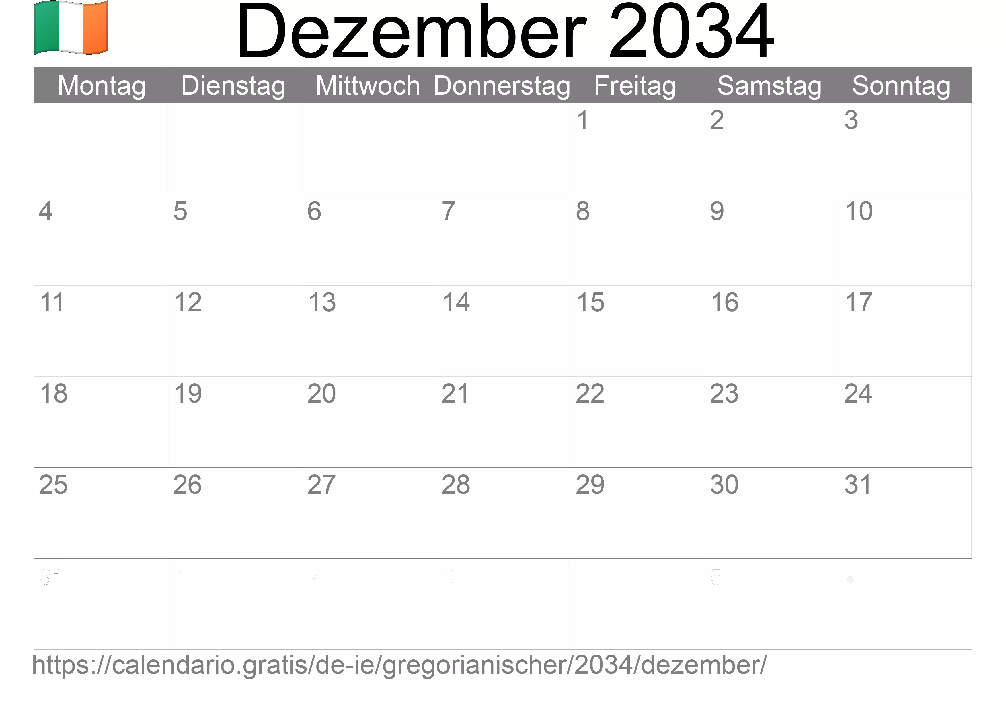 Kalender Dezember 2034 zum Ausdrucken (Irland)