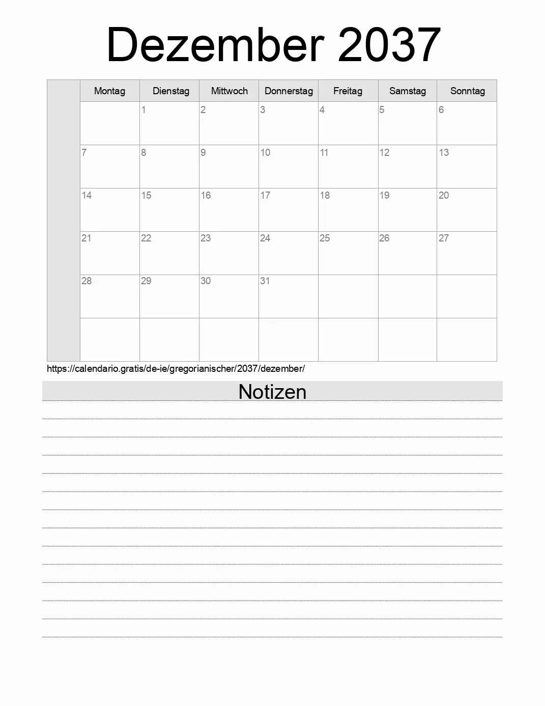 Kalender für Dezember 2037 zum Drucken mit Notizen. (Irland)