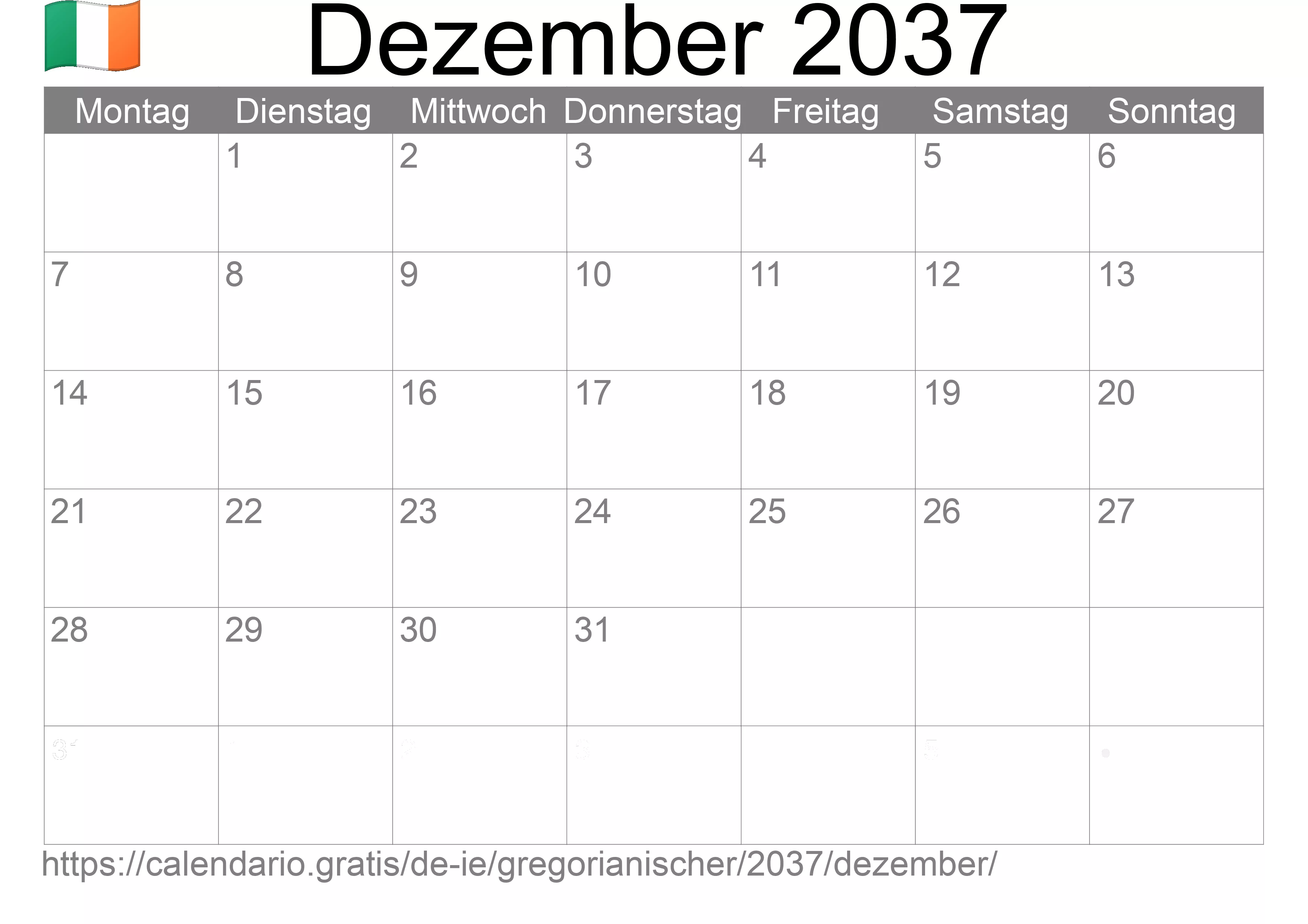 Kalender Dezember 2037 zum Ausdrucken (Irland)