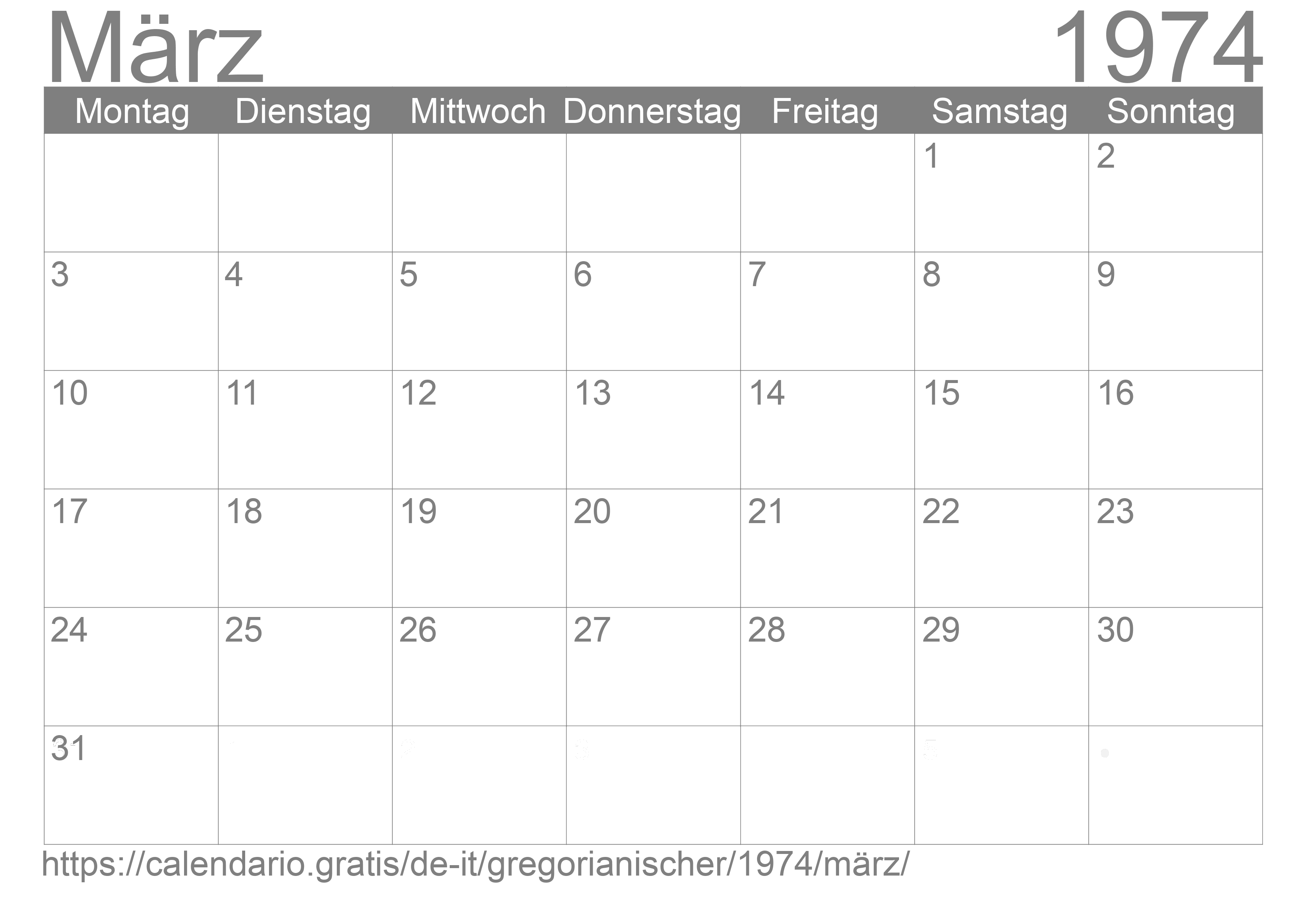 Kalender März 1974 zum Ausdrucken