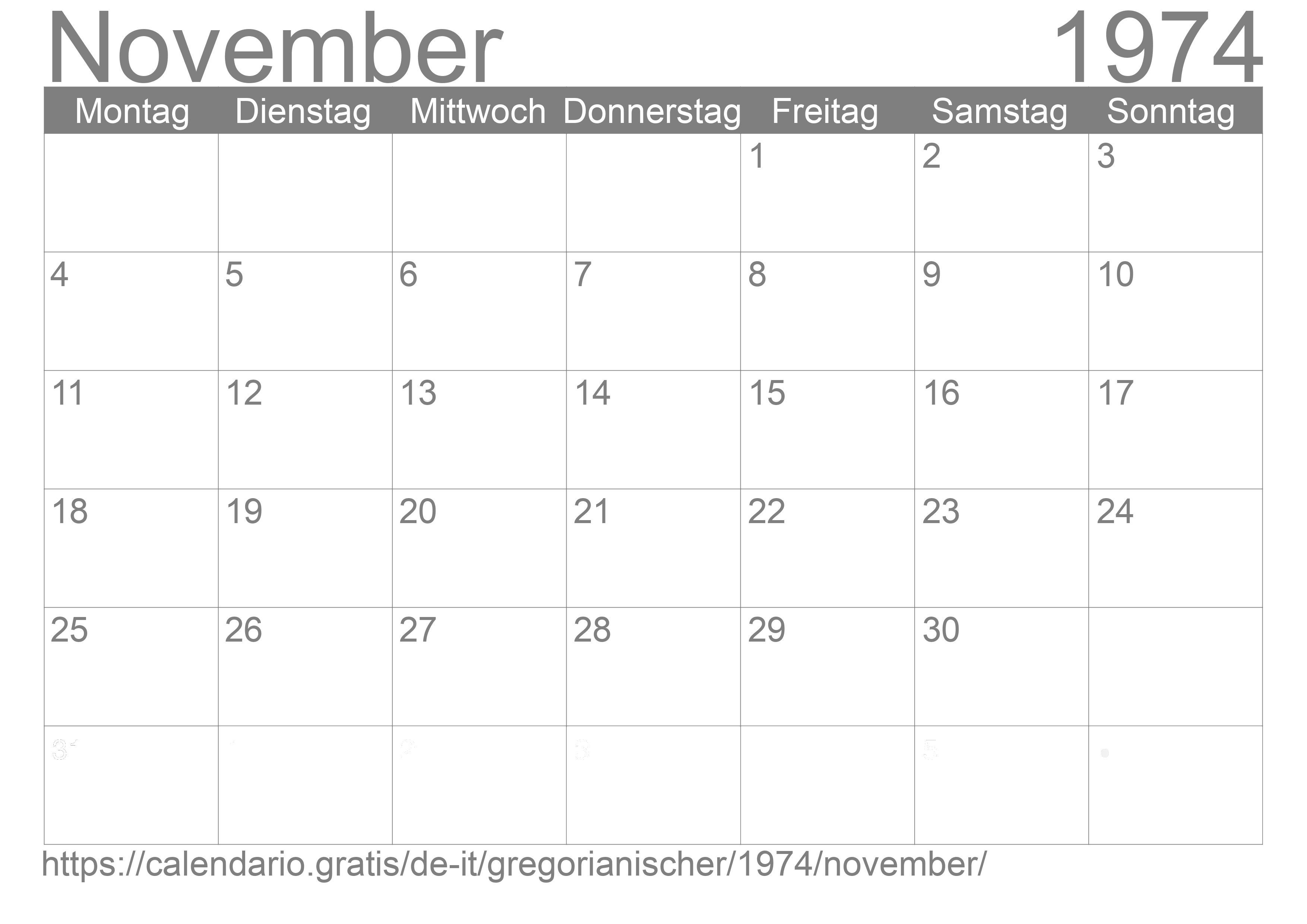 Kalender November 1974 zum Ausdrucken
