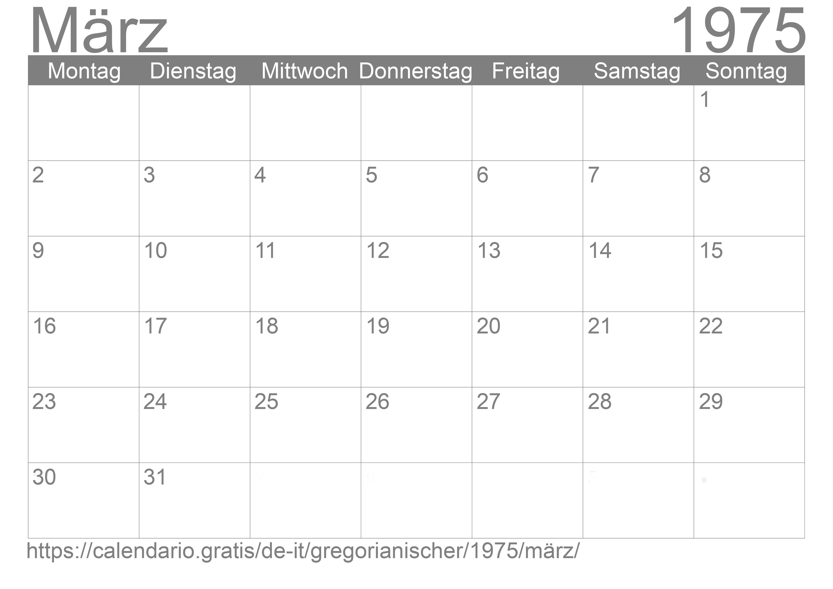 Kalender März 1975 zum Ausdrucken