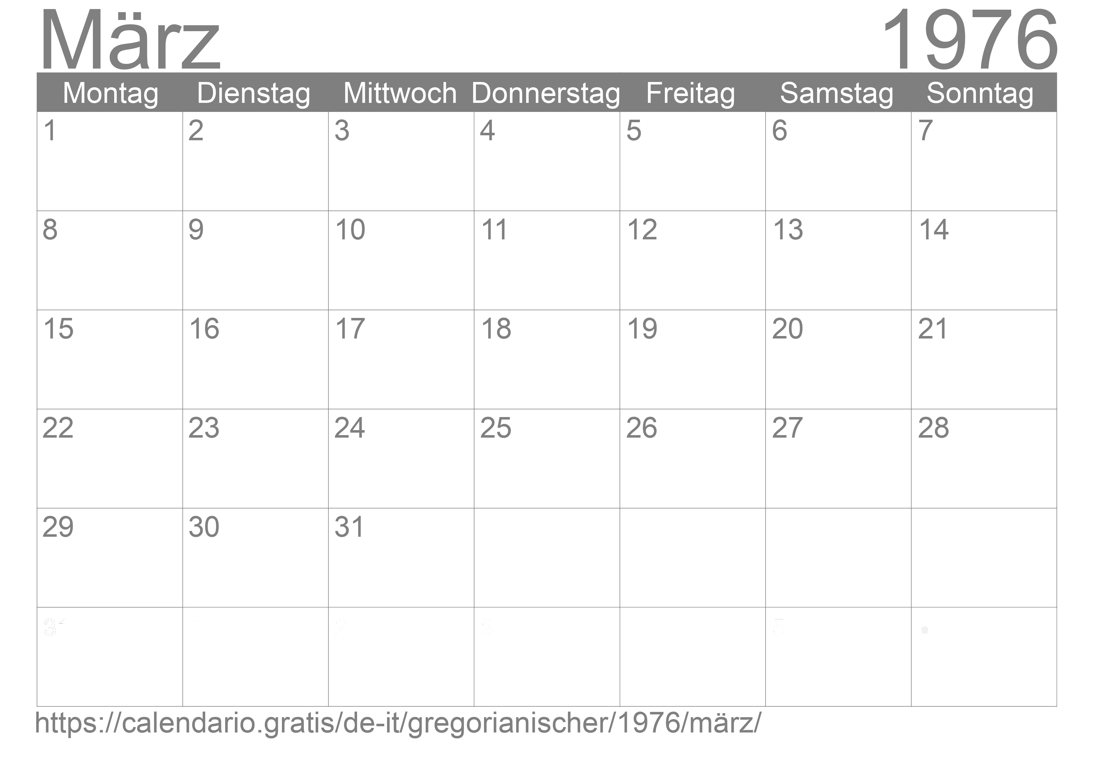 Kalender März 1976 zum Ausdrucken