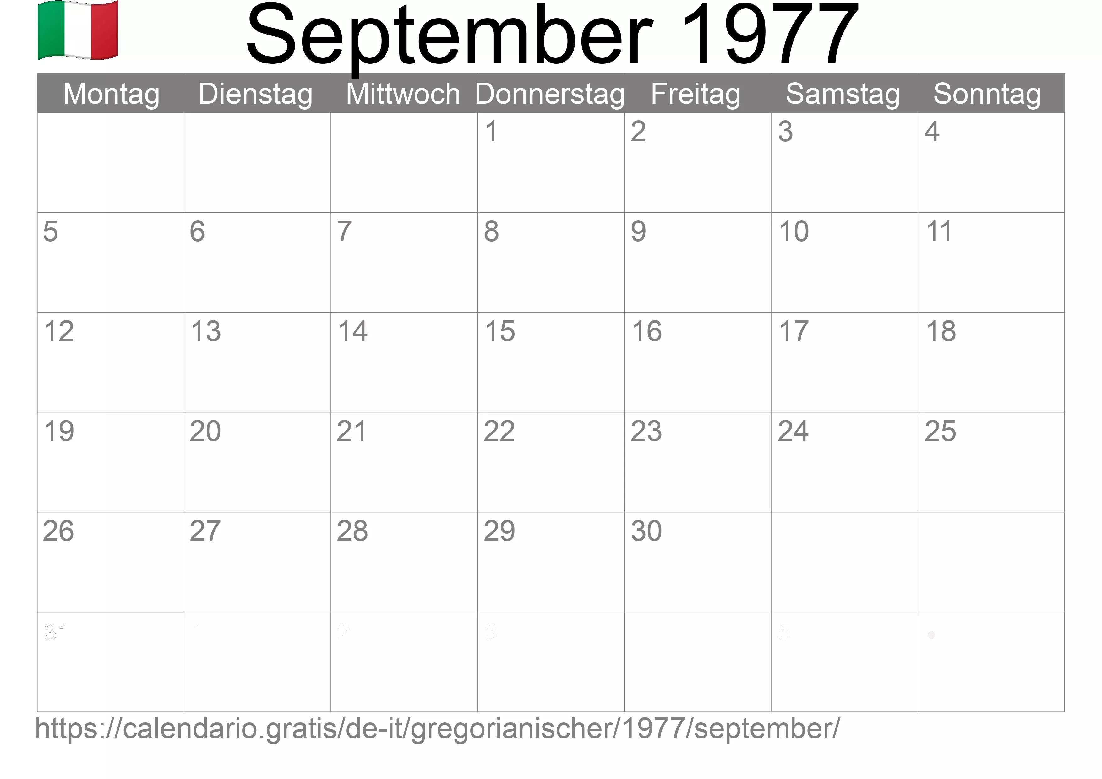 Kalender September 1977 zum Ausdrucken (Italien)