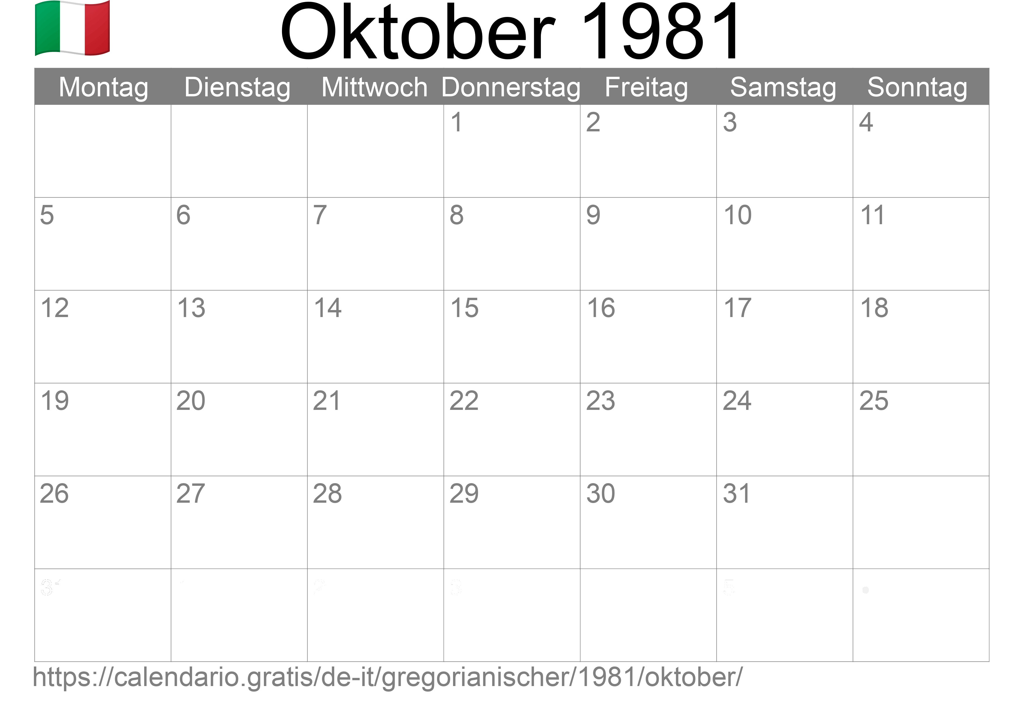 Kalender Oktober 1981 zum Ausdrucken