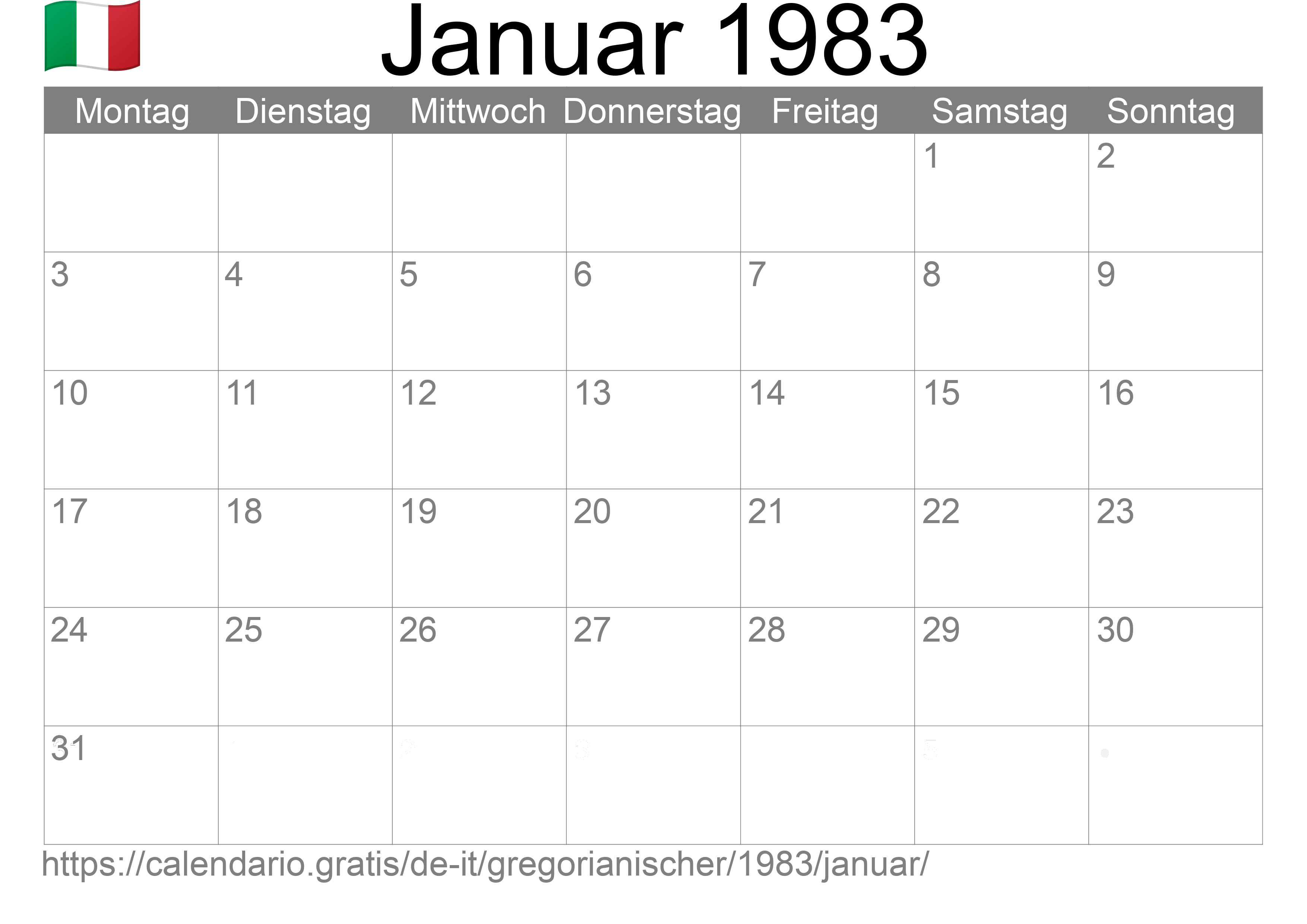 Kalender Januar 1983 zum Ausdrucken