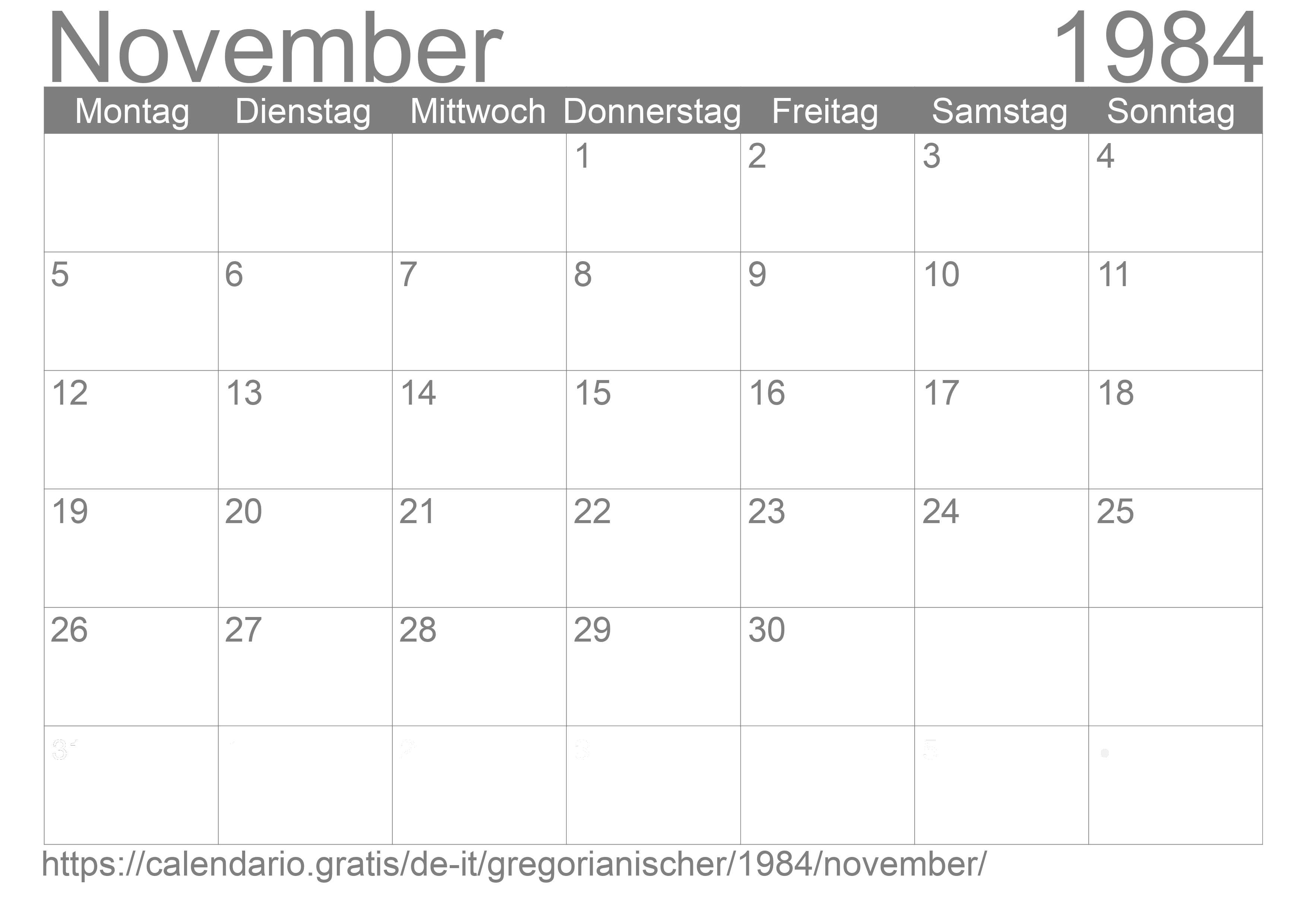Kalender November 1984 zum Ausdrucken