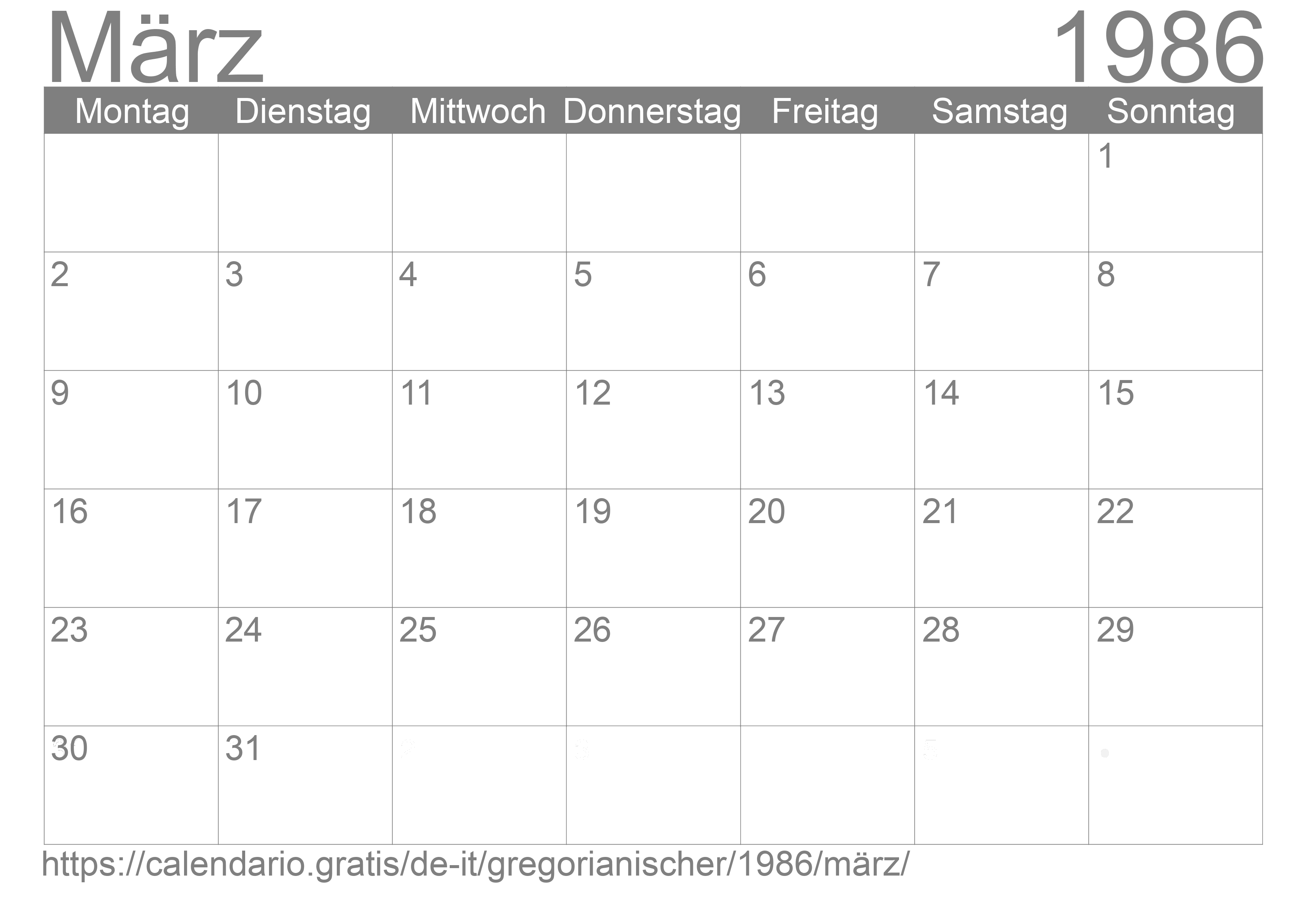 Kalender März 1986 zum Ausdrucken