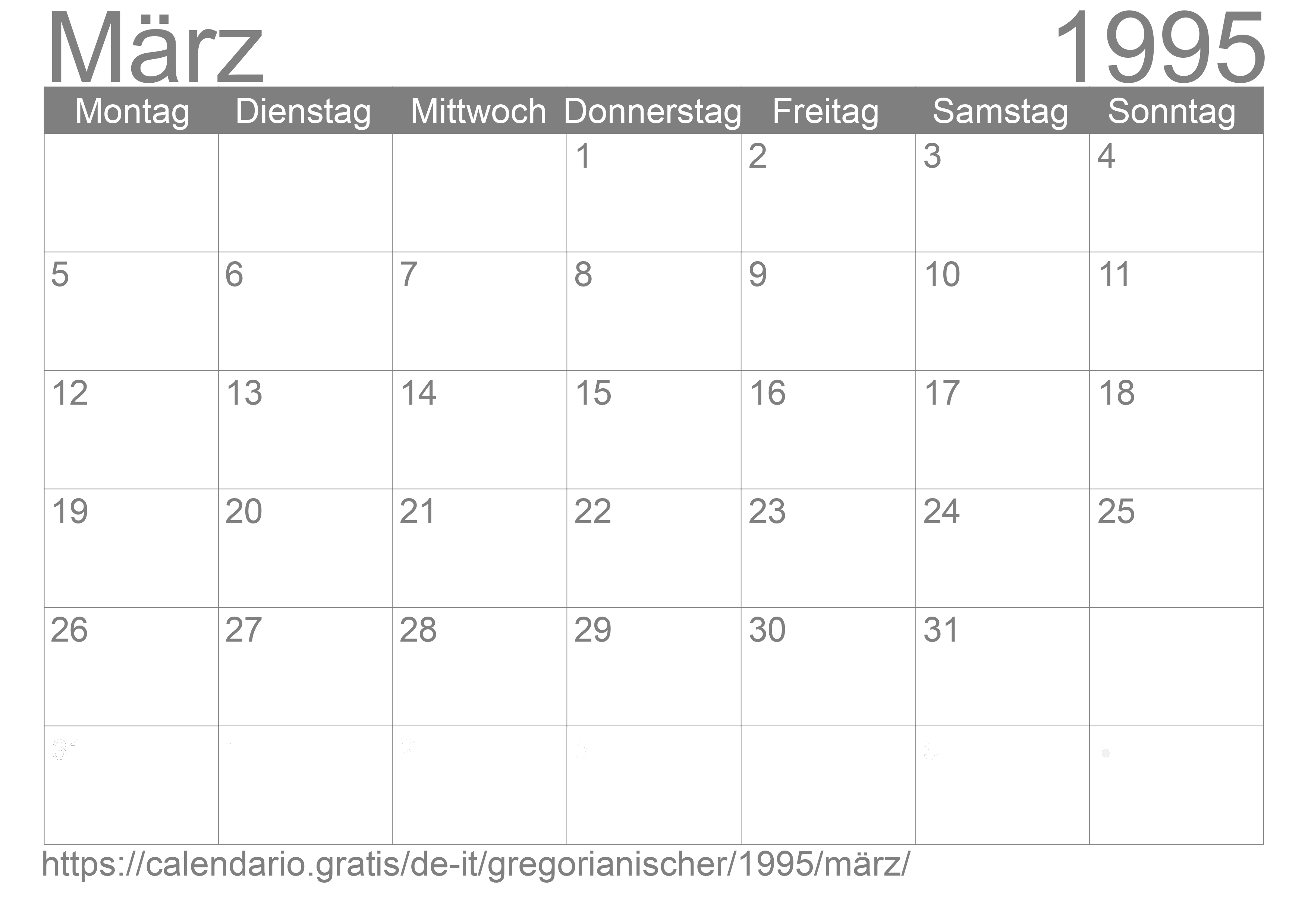 Kalender März 1995 zum Ausdrucken