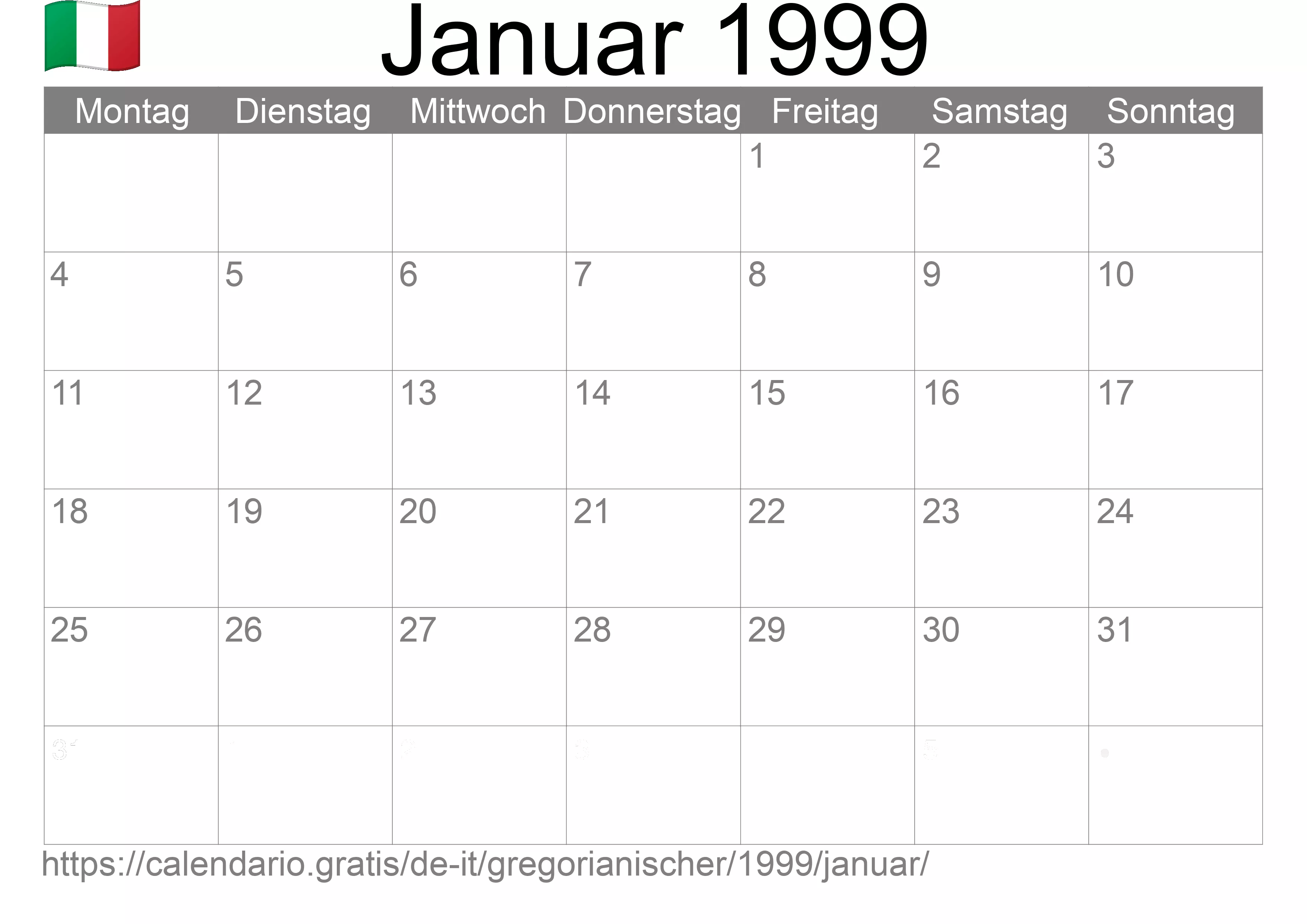 Kalender Januar 1999 zum Ausdrucken (Italien)