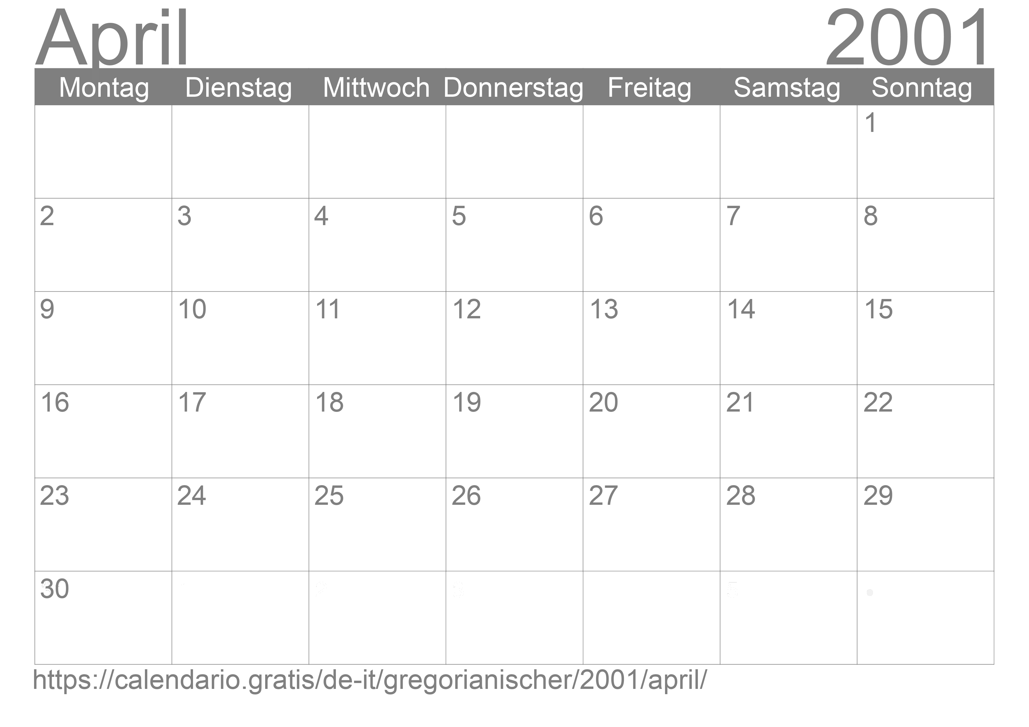 Kalender April 2001 zum Ausdrucken