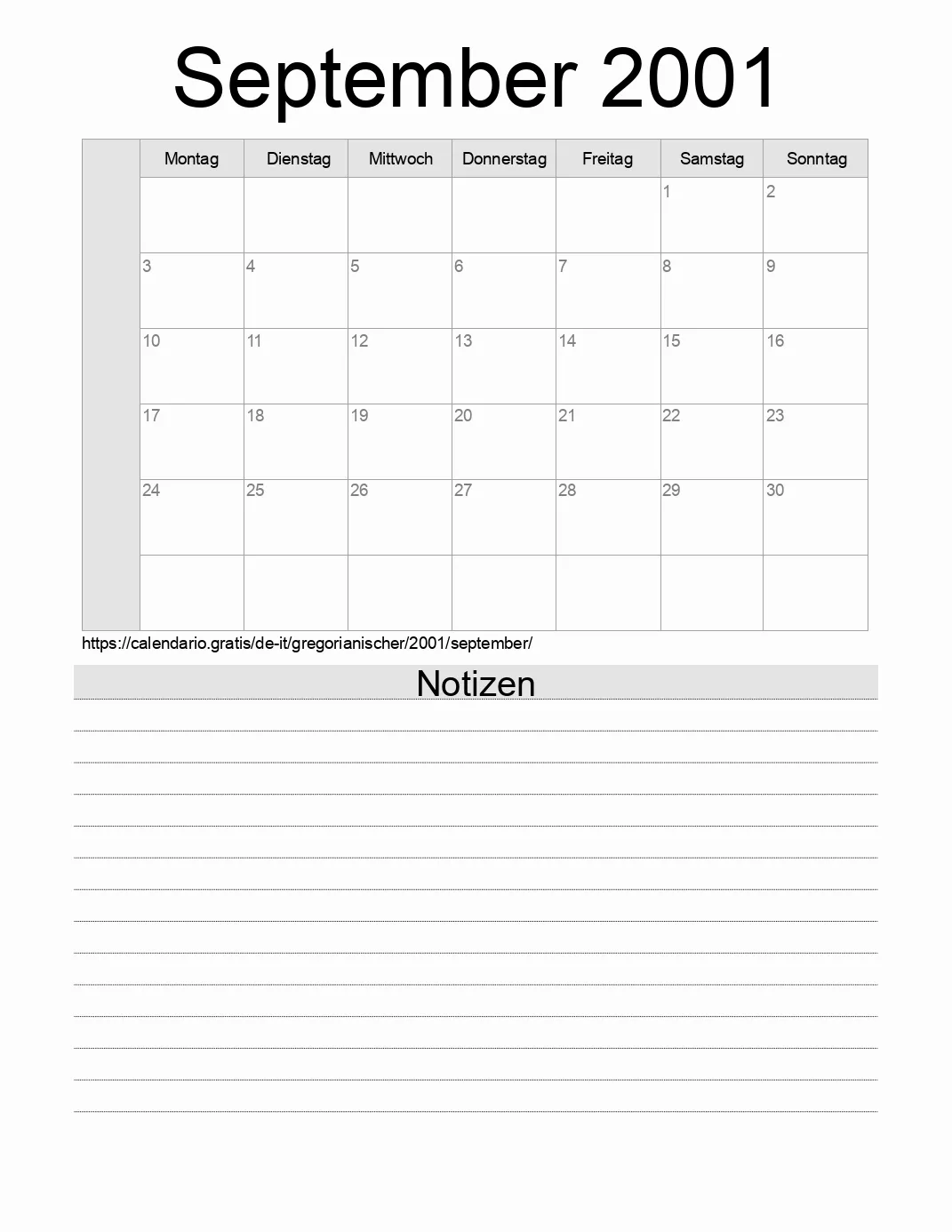 Kalender für September 2001 zum Drucken mit Notizen. (Italien)