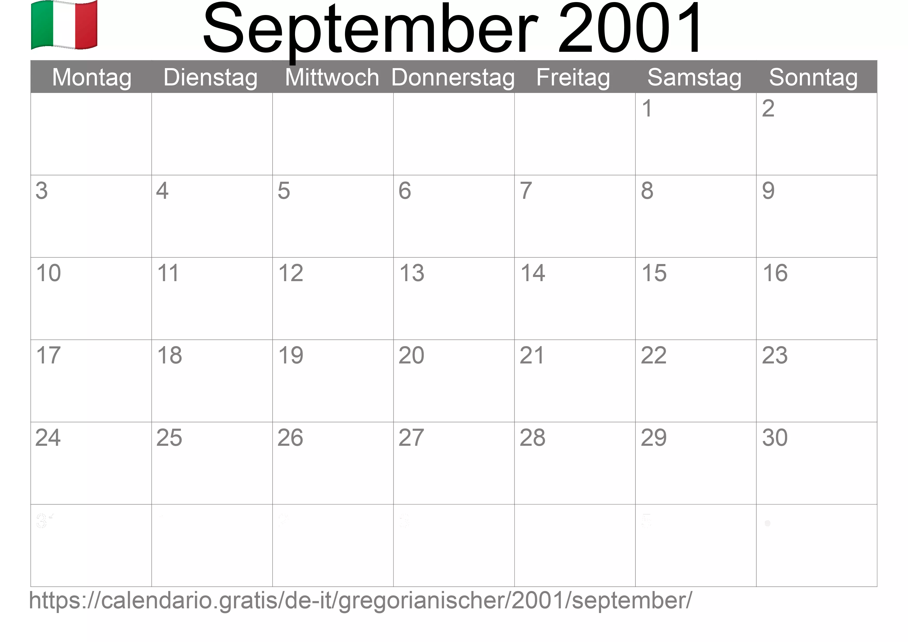 Kalender September 2001 zum Ausdrucken (Italien)