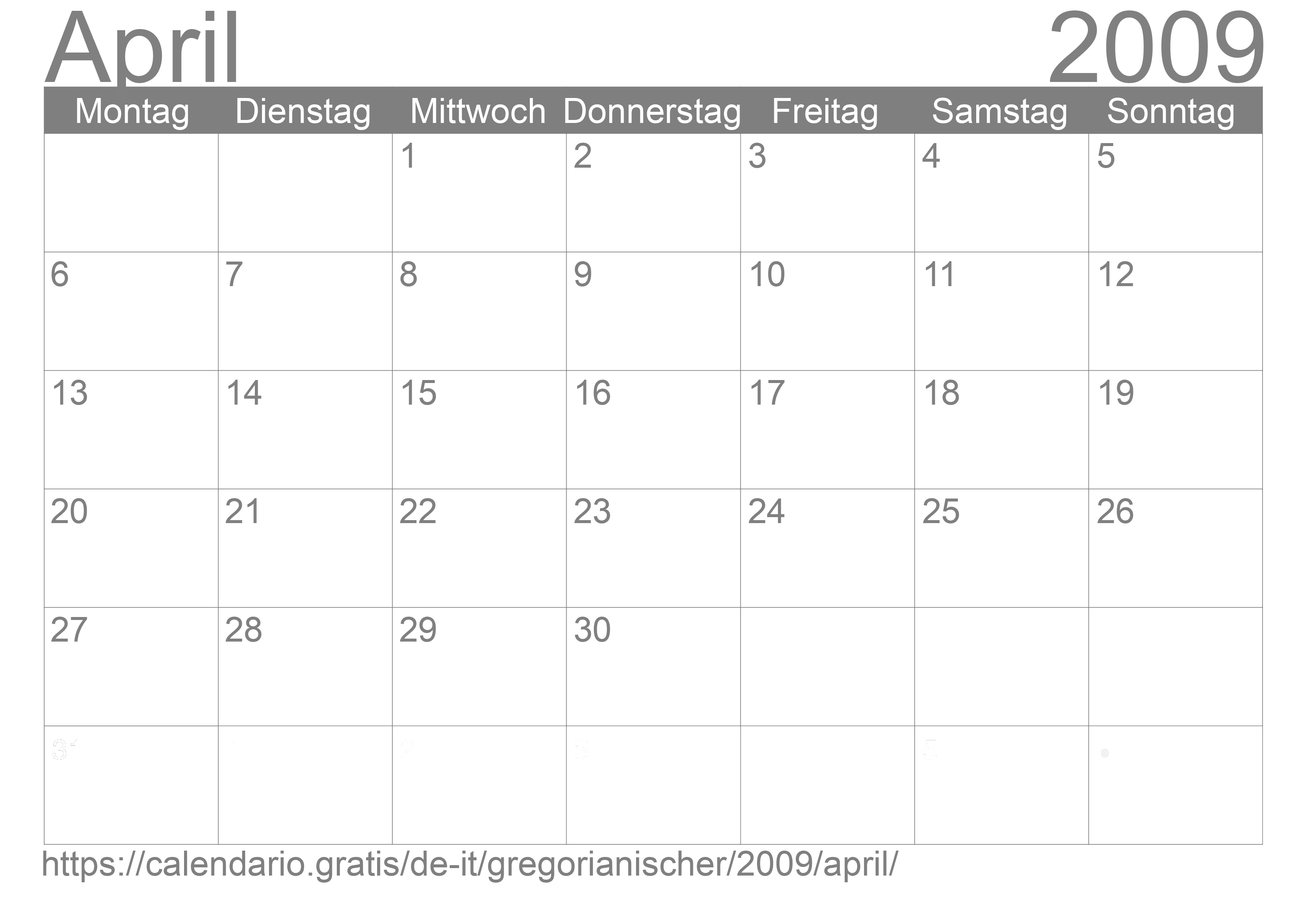 Kalender April 2009 zum Ausdrucken