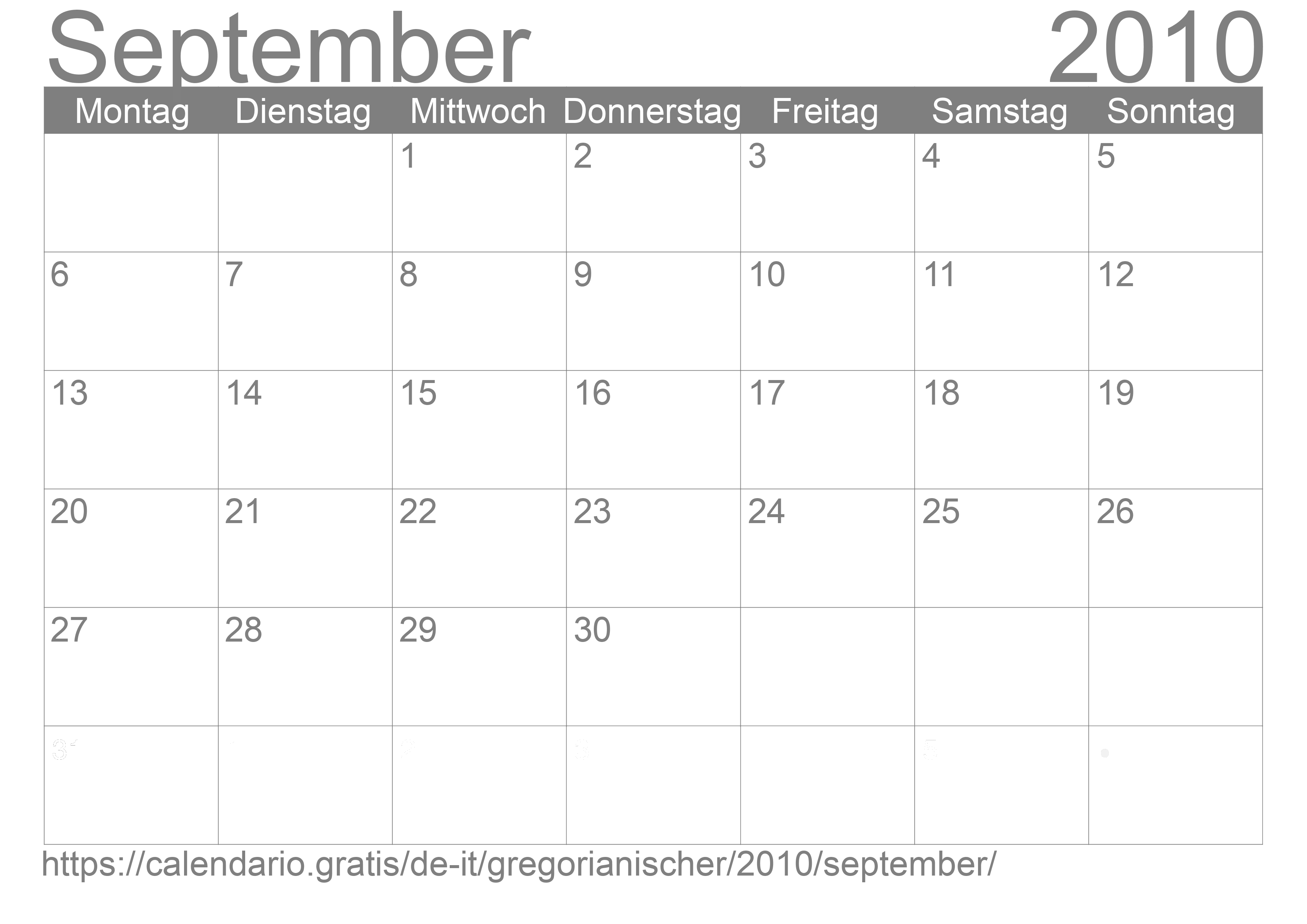 Kalender September 2010 zum Ausdrucken