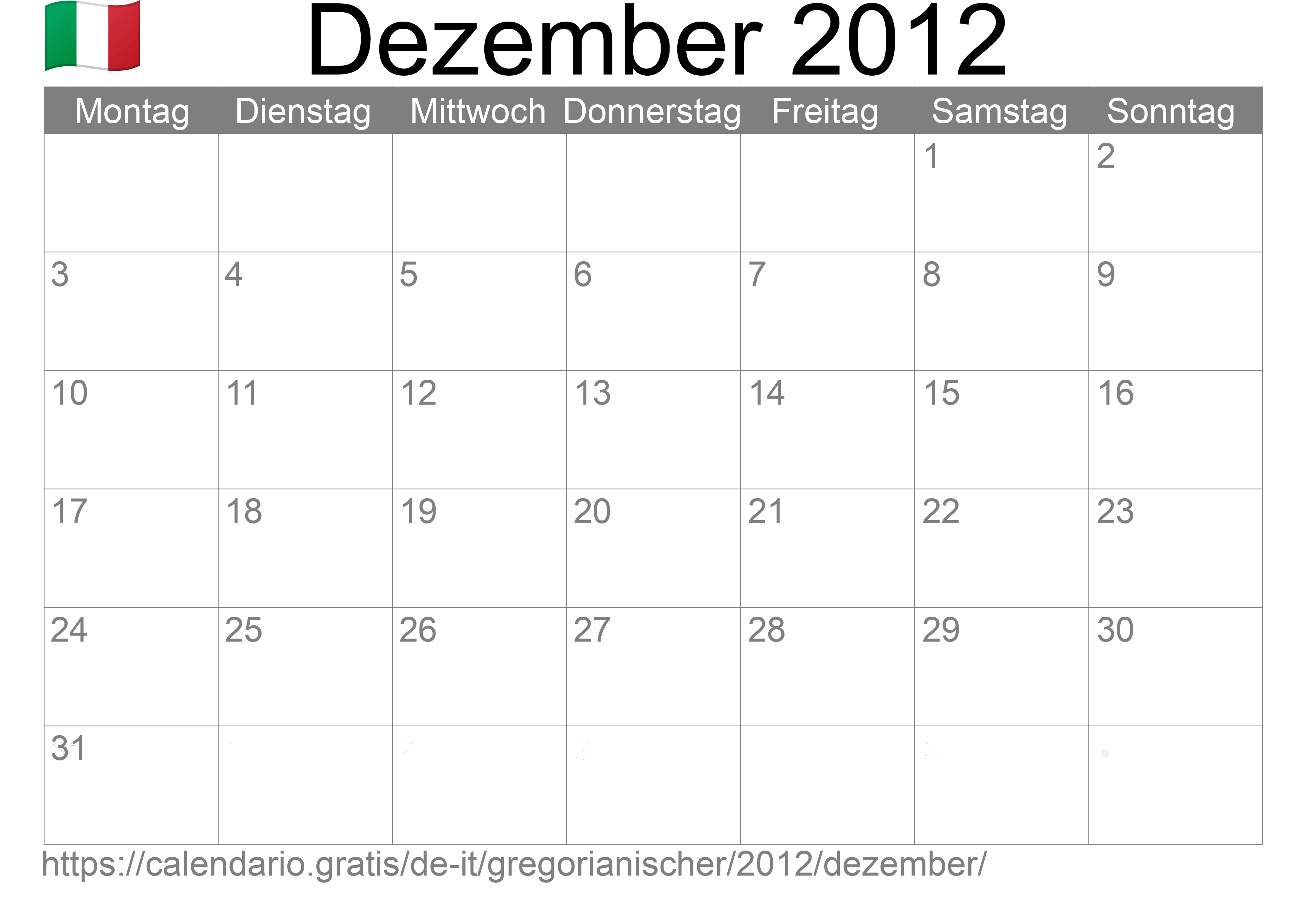 Kalender Dezember 2012 zum Ausdrucken