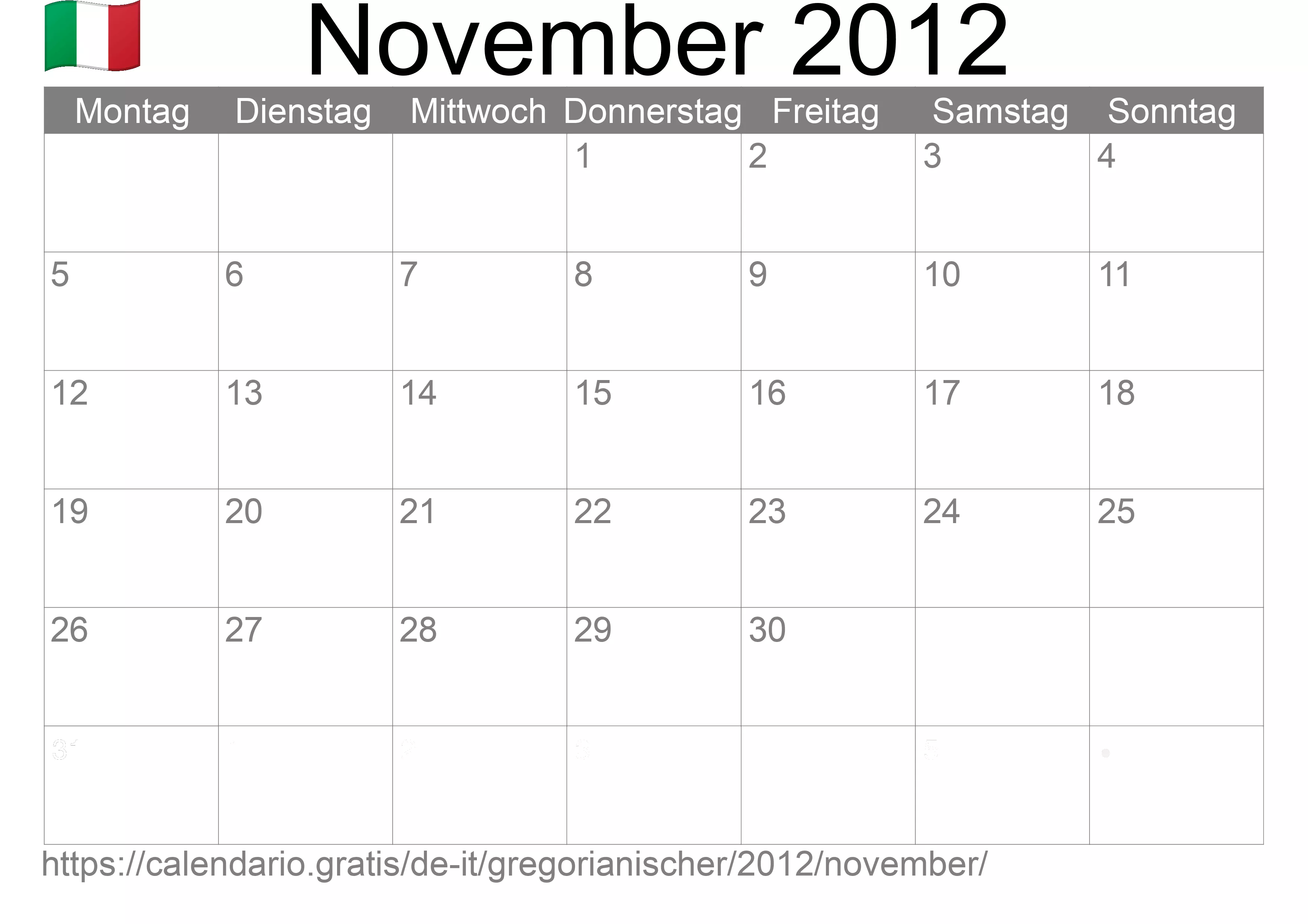 Kalender November 2012 zum Ausdrucken (Italien)