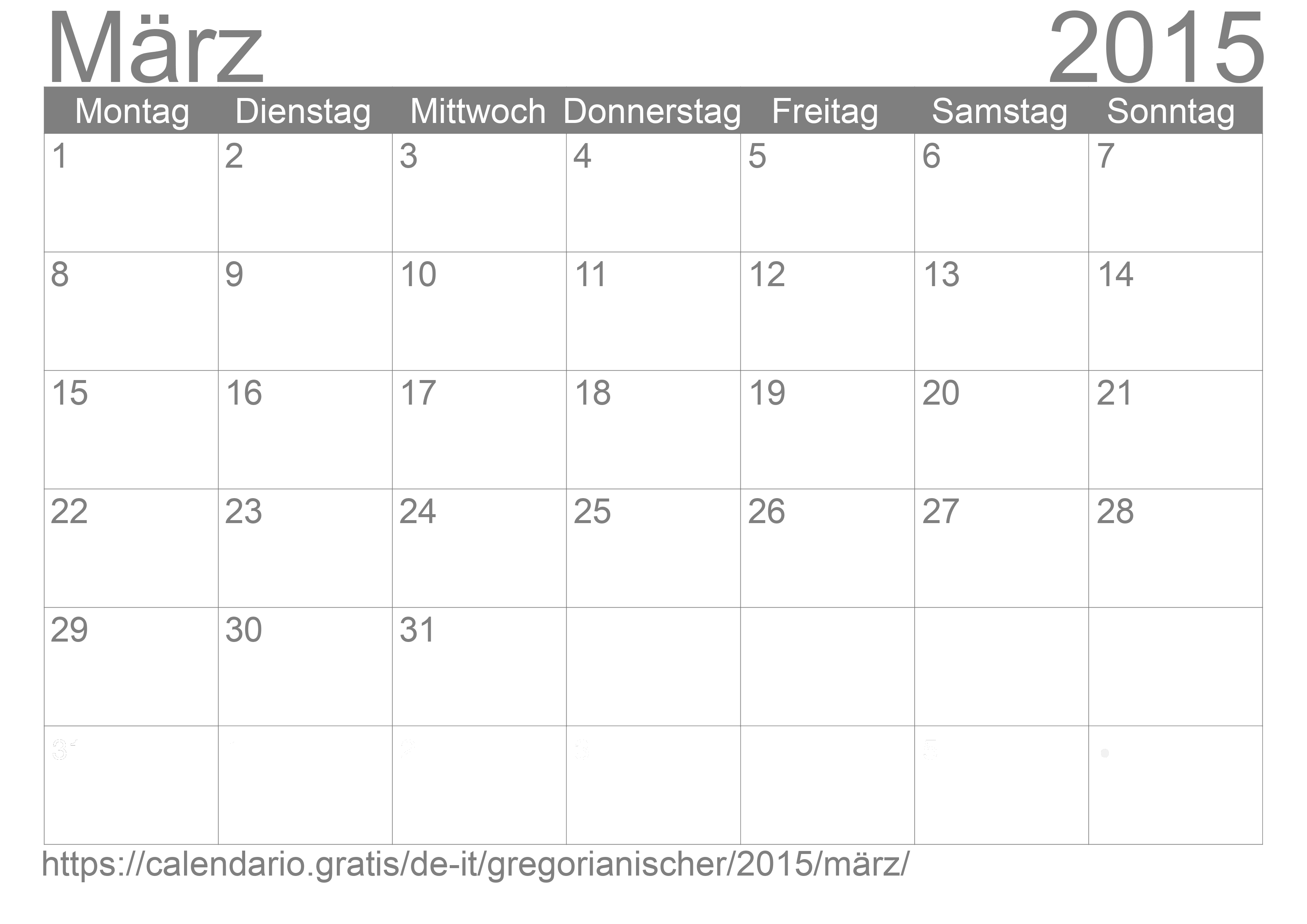 Kalender März 2015 zum Ausdrucken