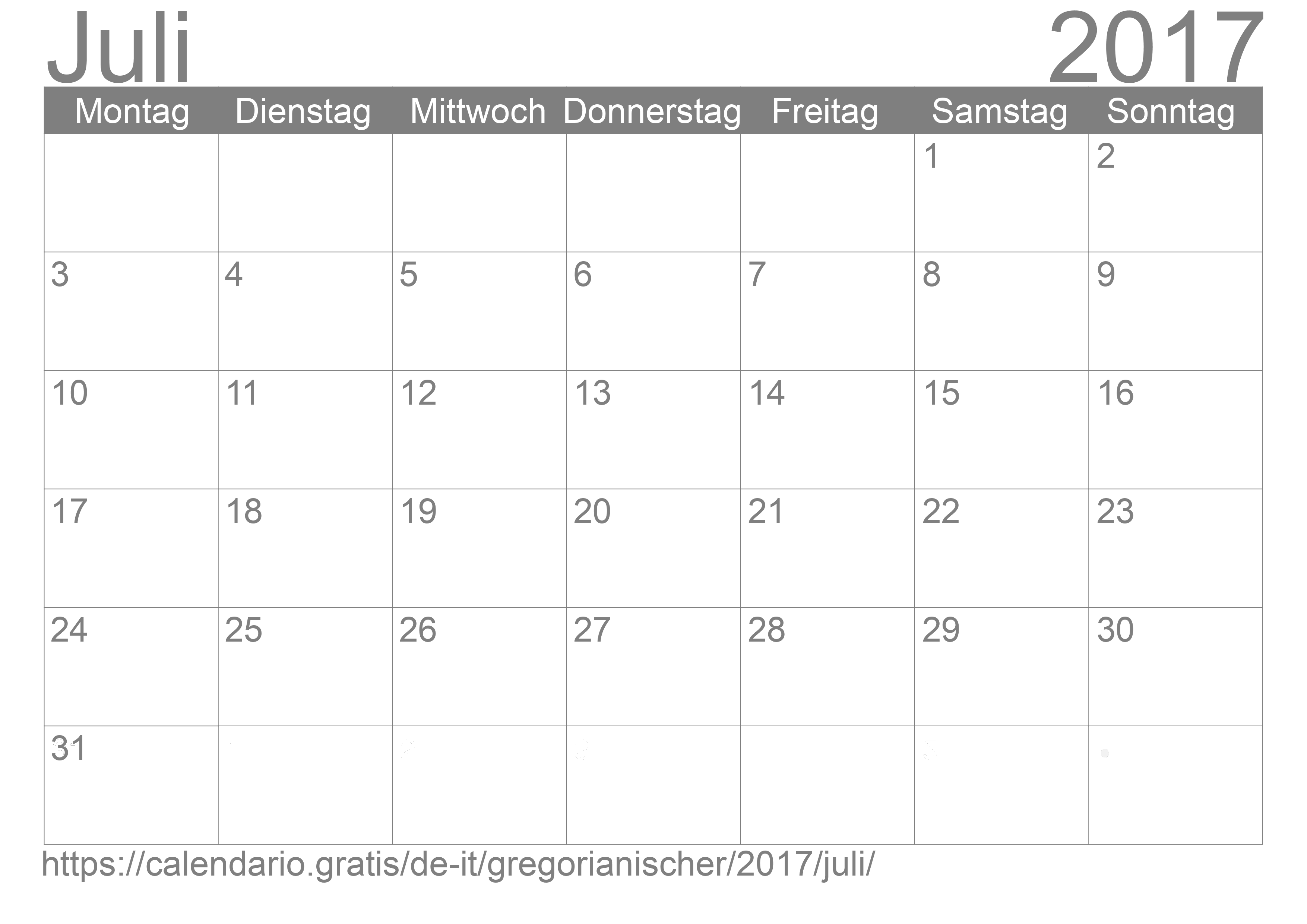 Kalender Juli 2017 zum Ausdrucken