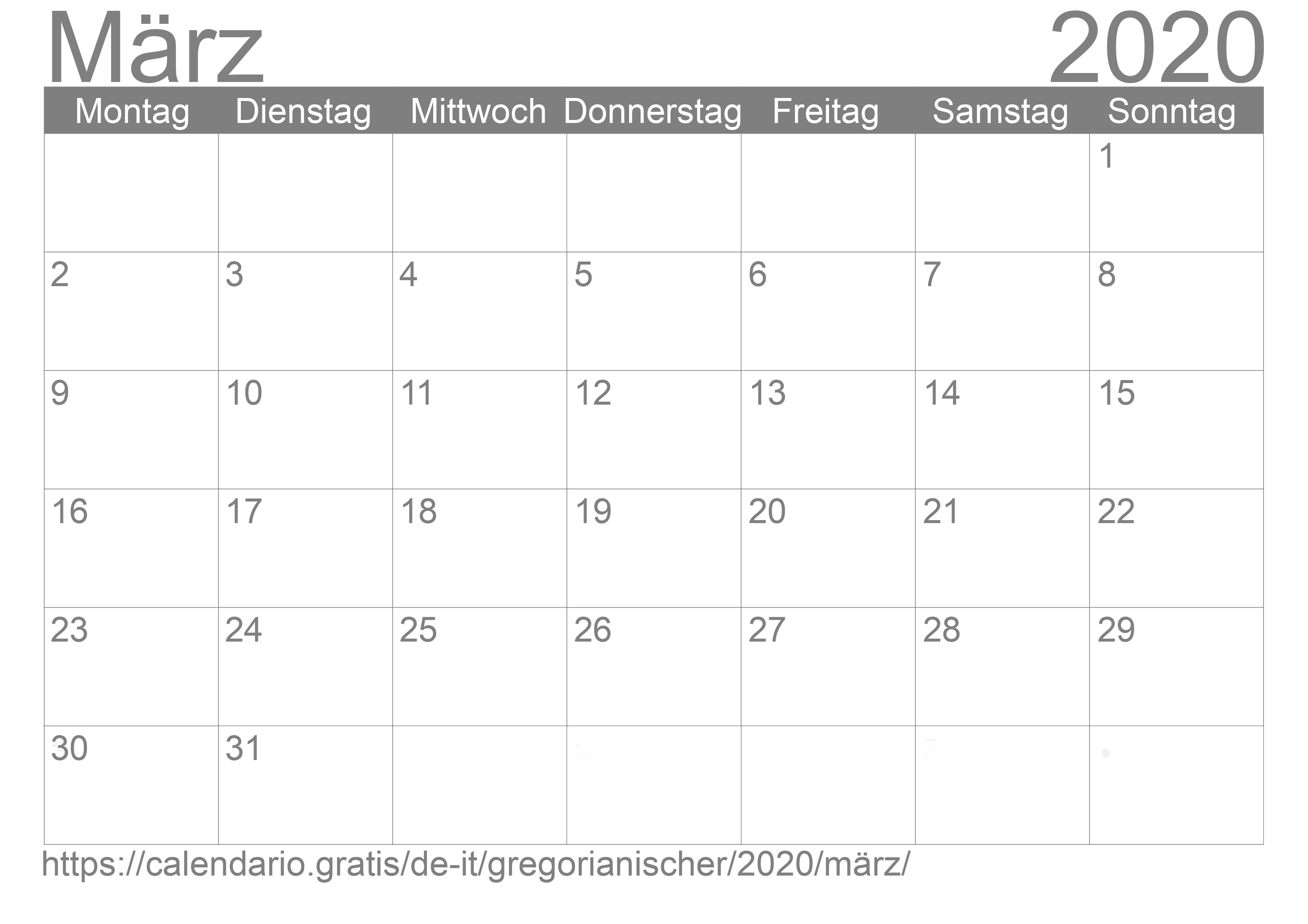 Kalender März 2020 zum Ausdrucken