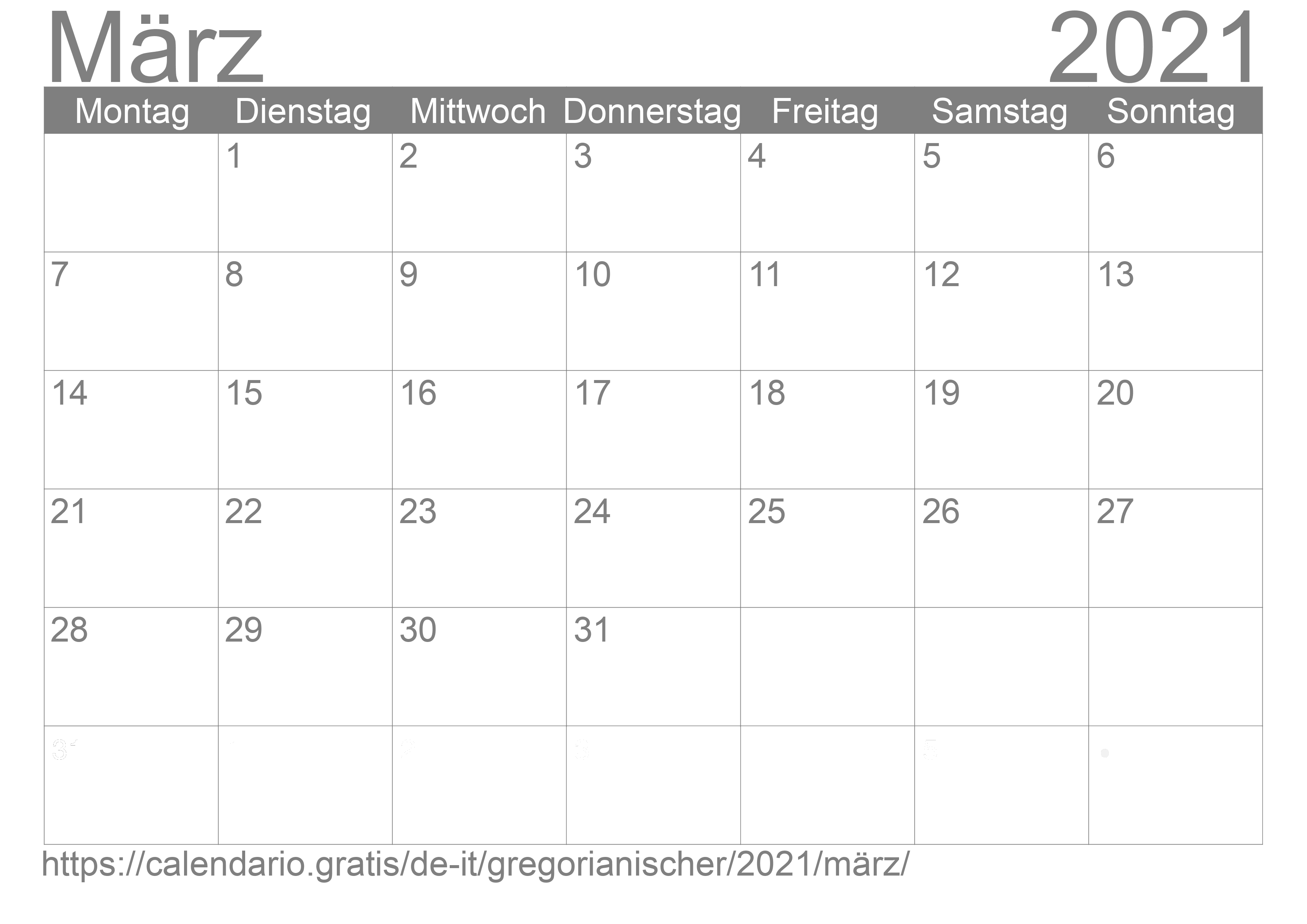 Kalender März 2021 zum Ausdrucken