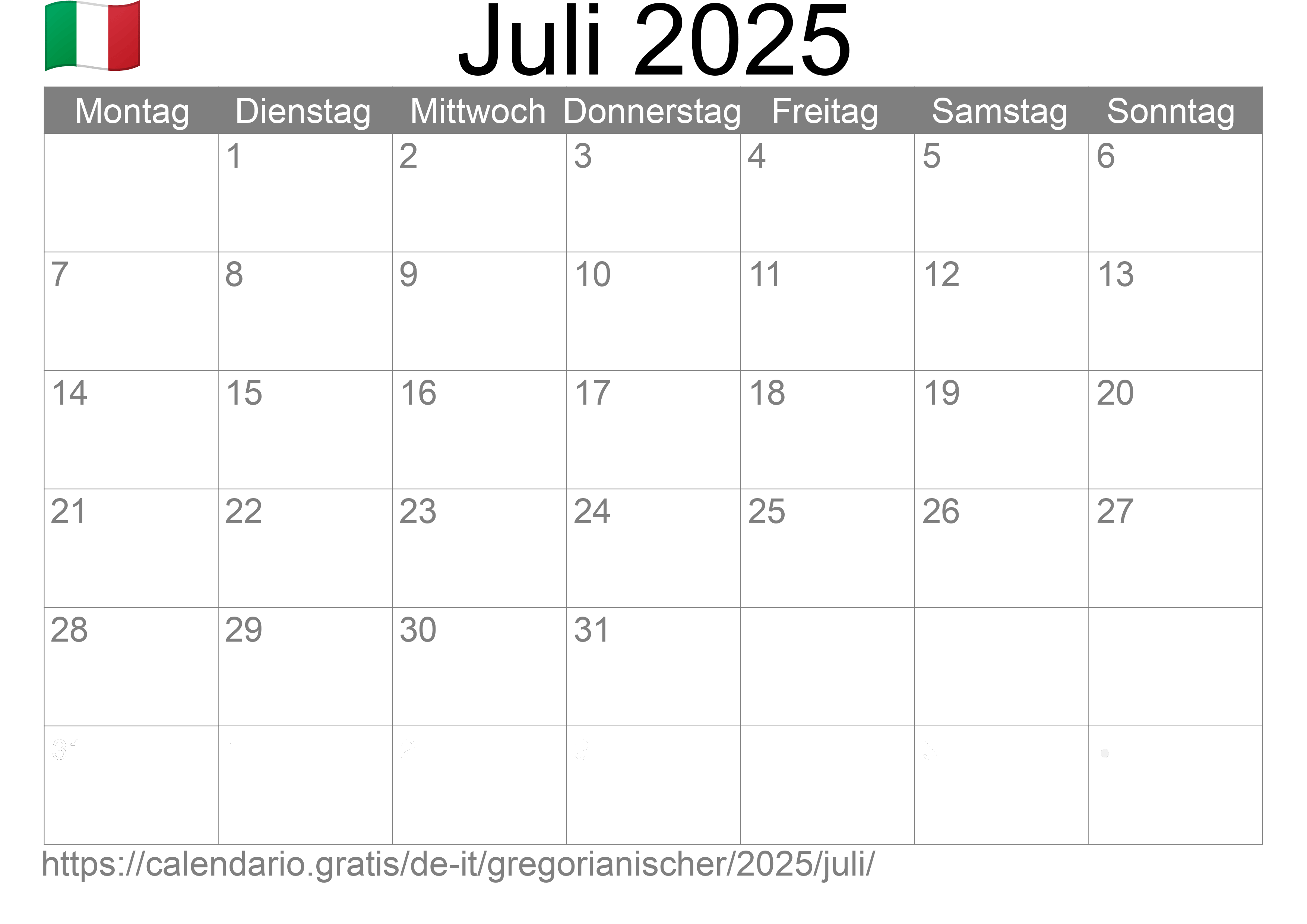 Kalender Juli 2025 zum Ausdrucken