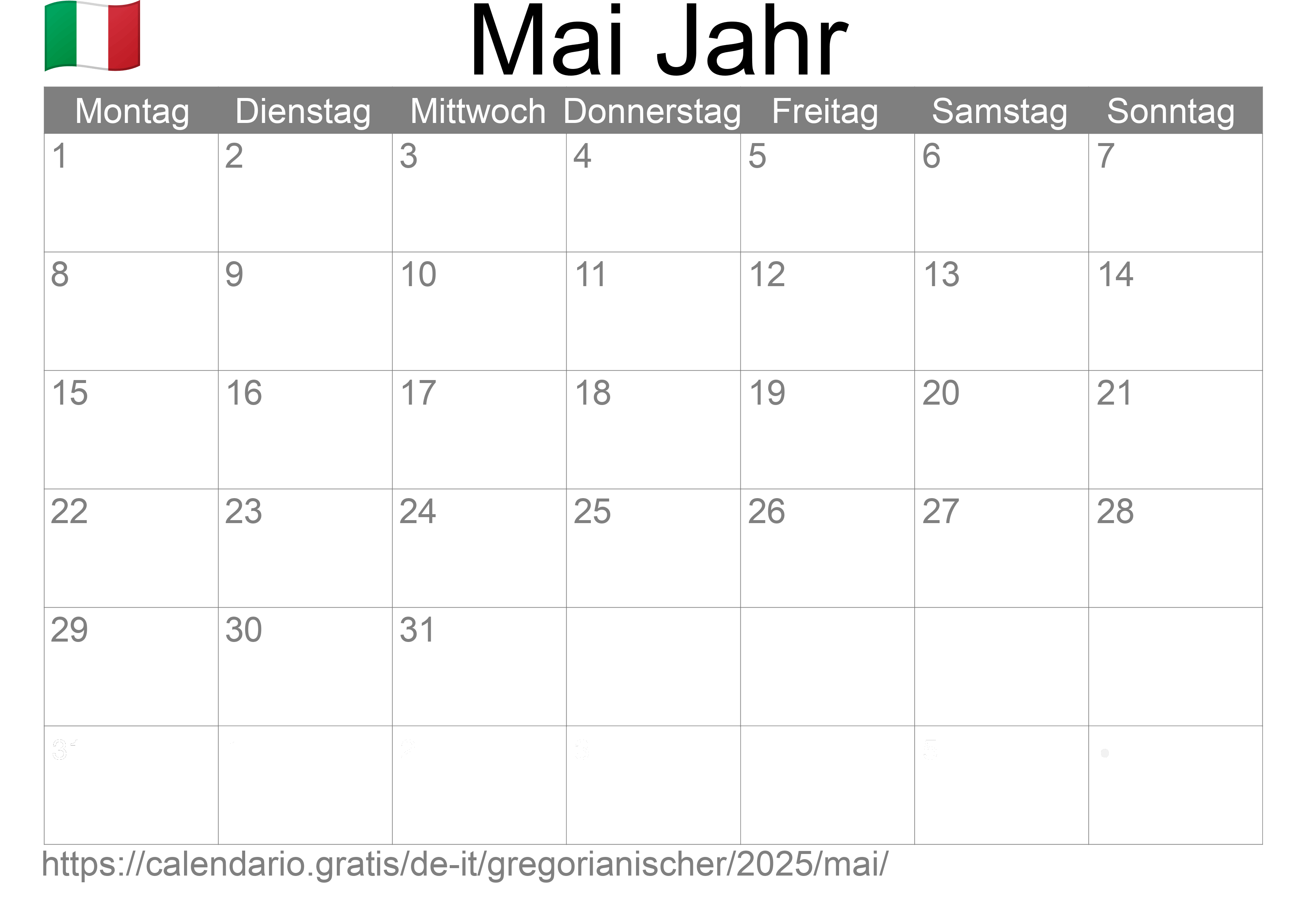 Kalender Mai 2025 zum Ausdrucken