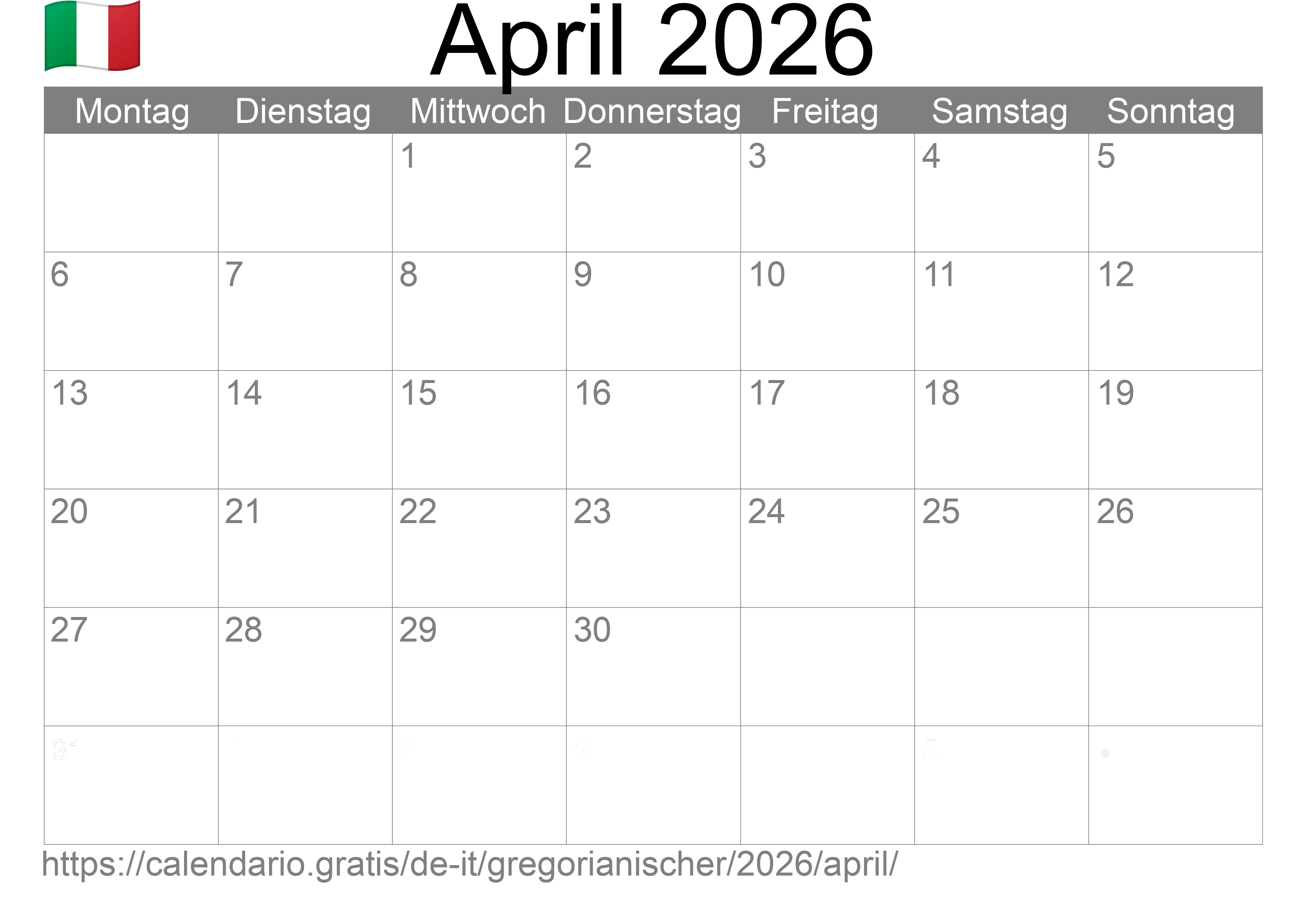 Kalender April 2026 zum Ausdrucken