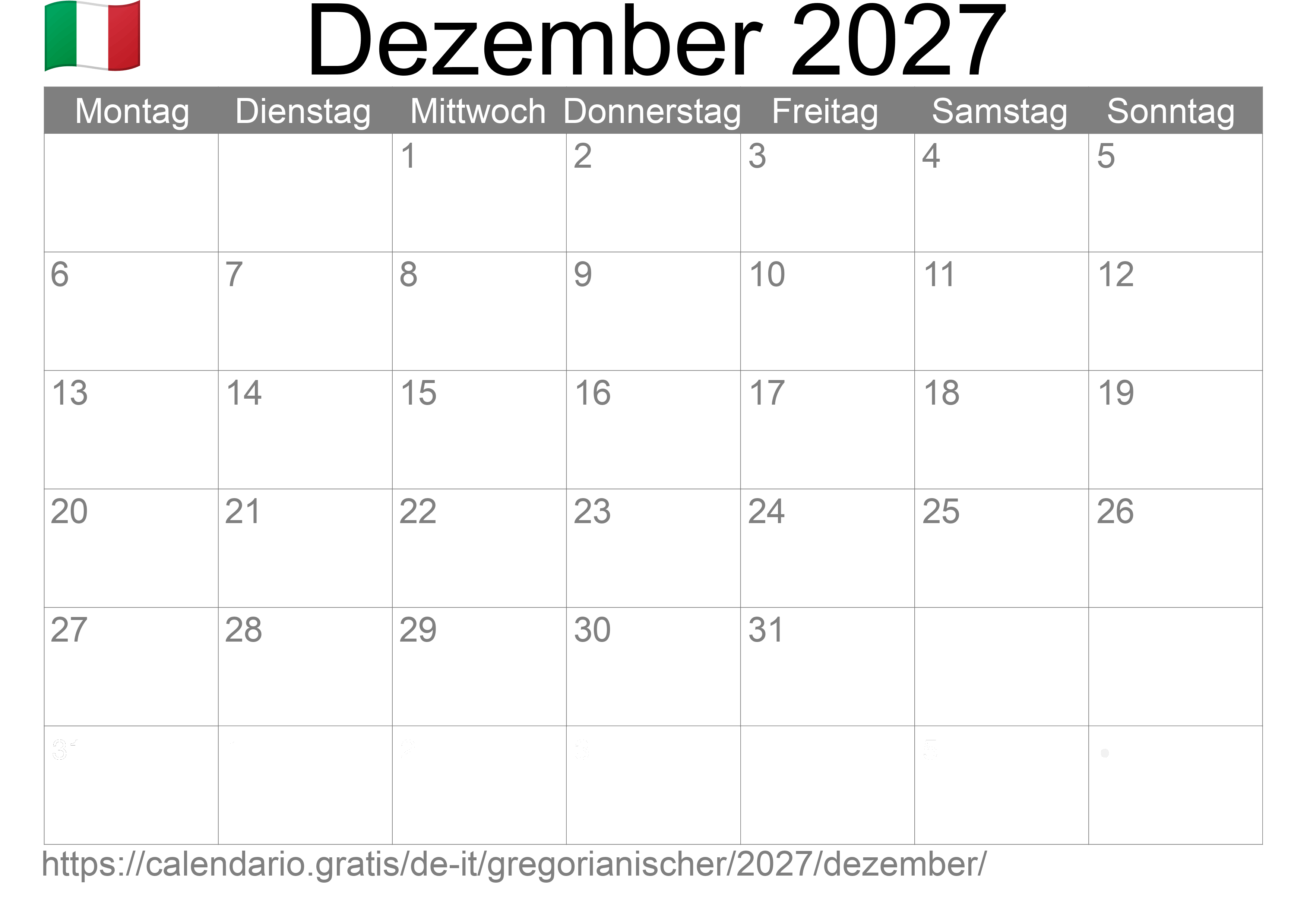 Kalender Dezember 2027 zum Ausdrucken