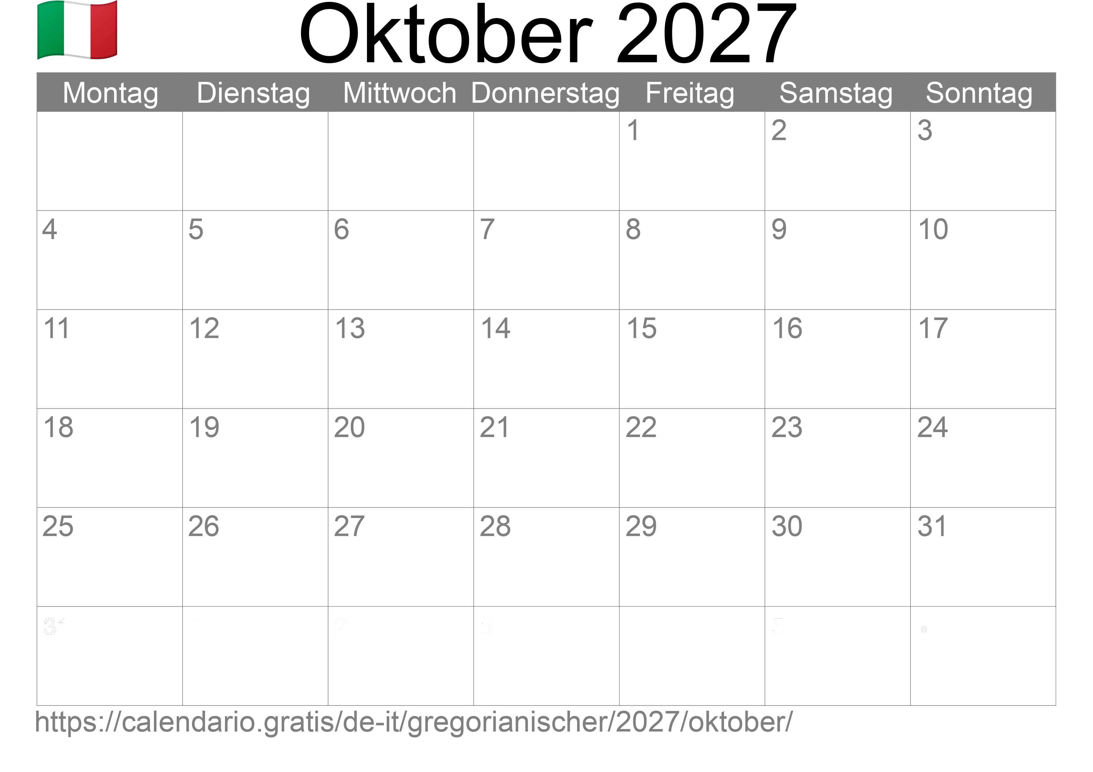 Kalender Oktober 2027 zum Ausdrucken