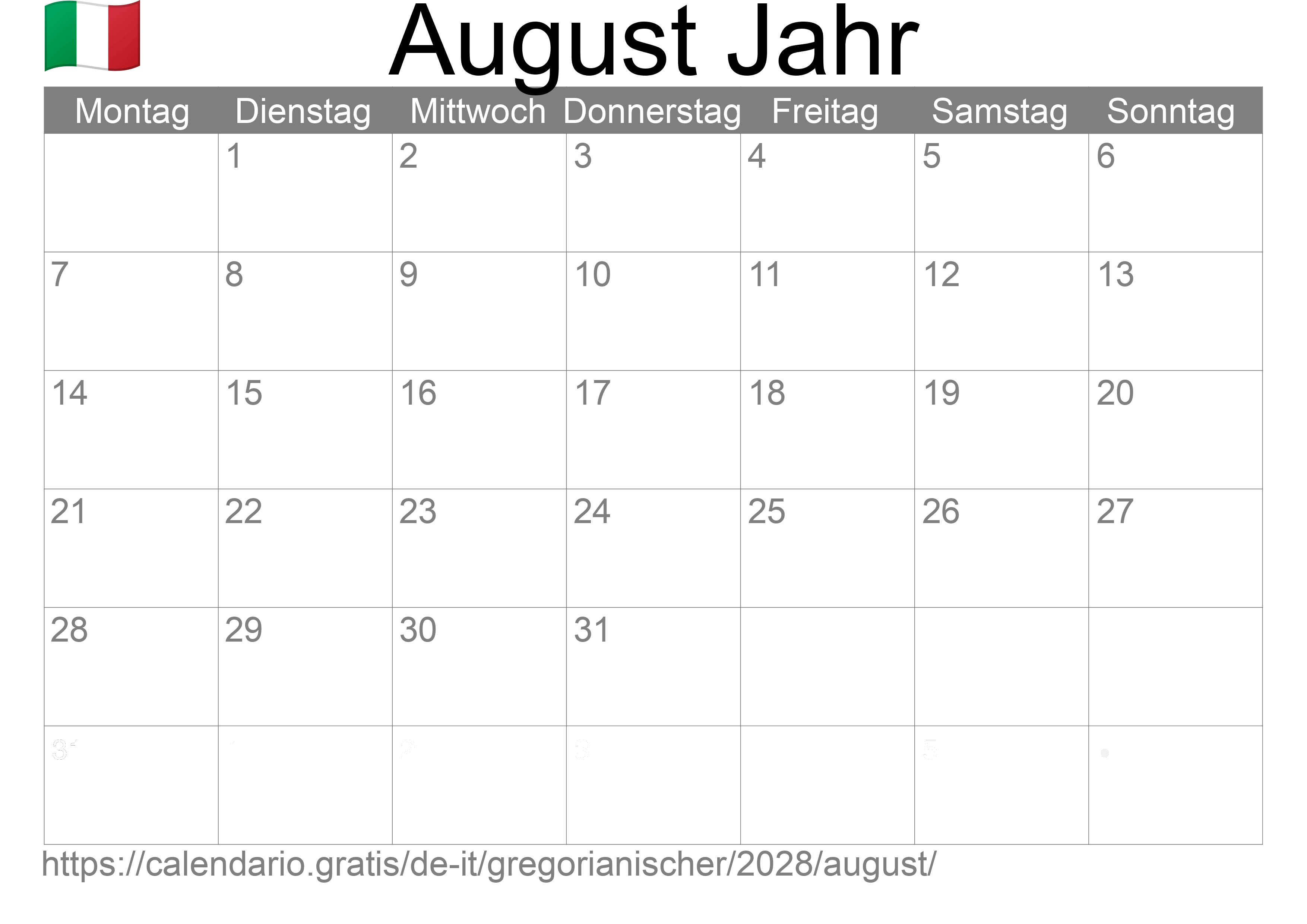 Kalender August 2028 zum Ausdrucken