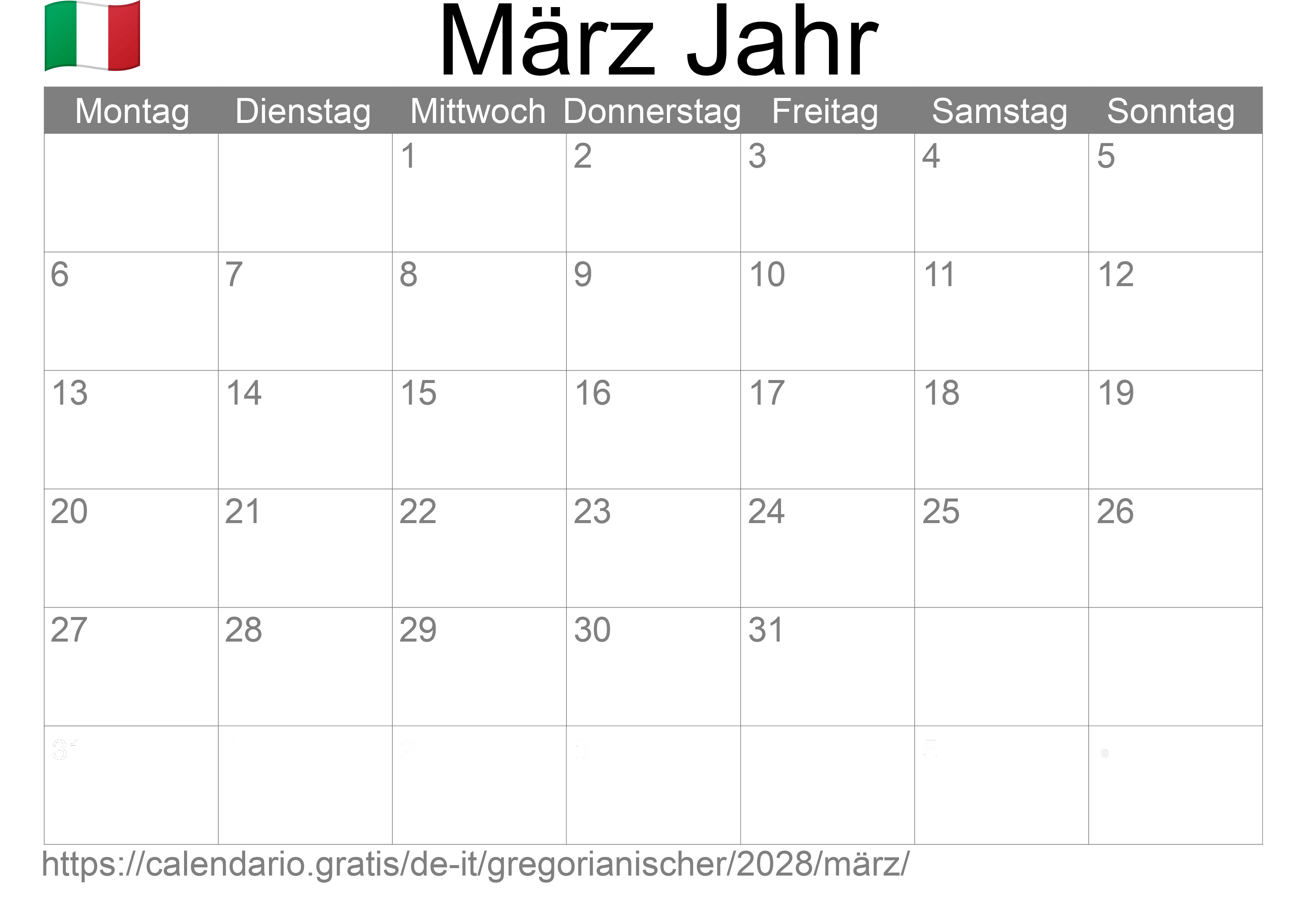 Kalender März 2028 zum Ausdrucken