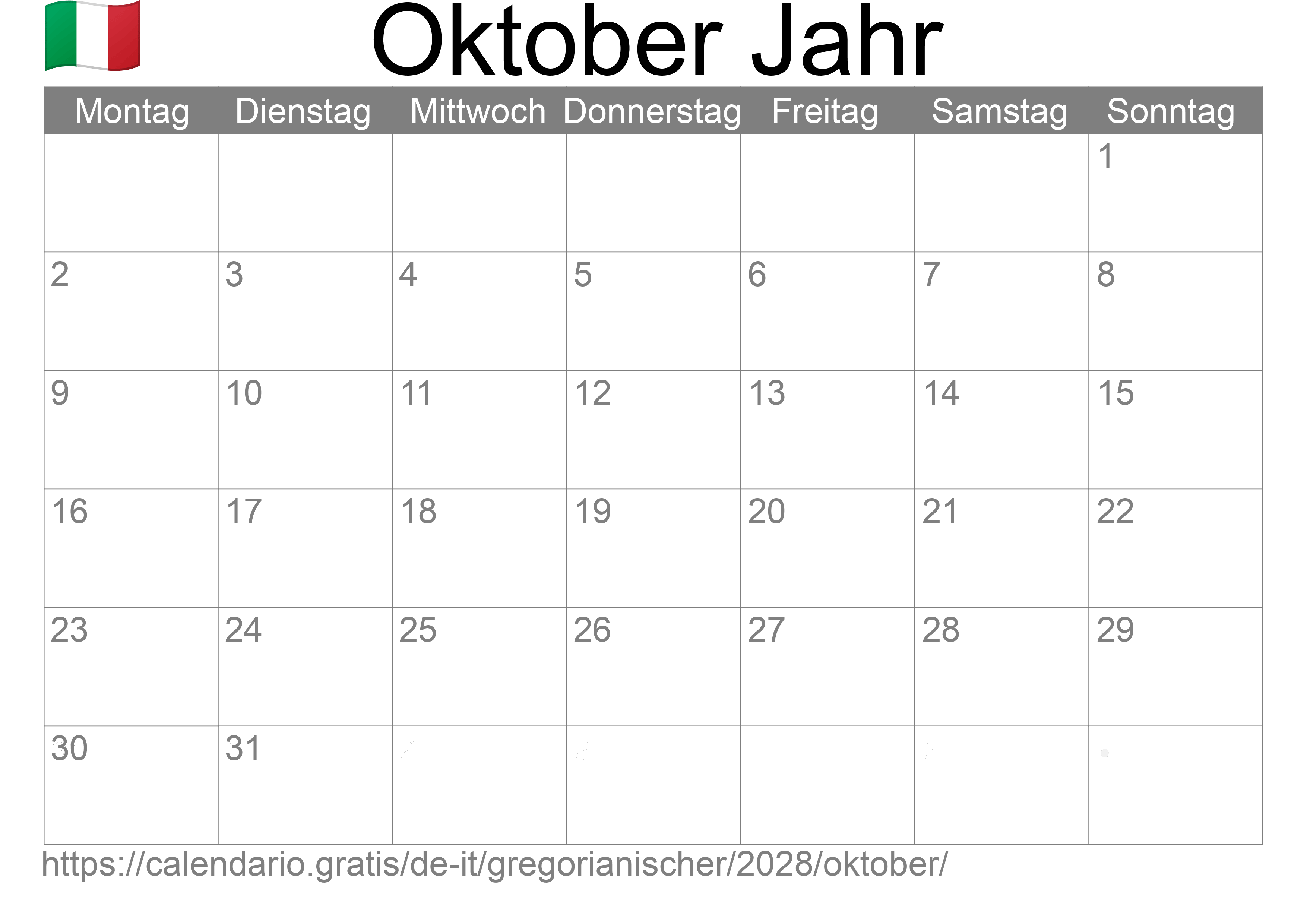 Kalender Oktober 2028 zum Ausdrucken