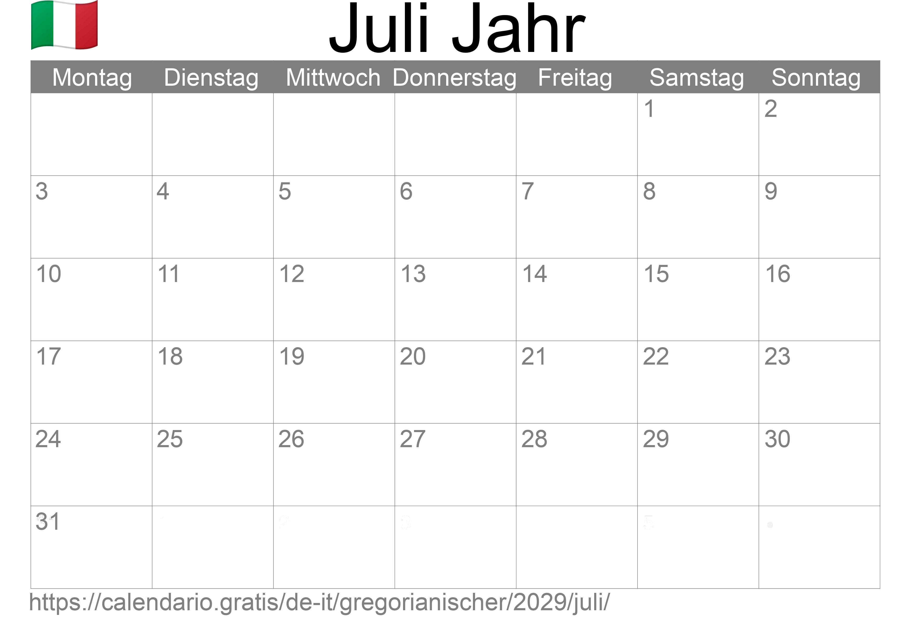 Kalender Juli 2029 zum Ausdrucken