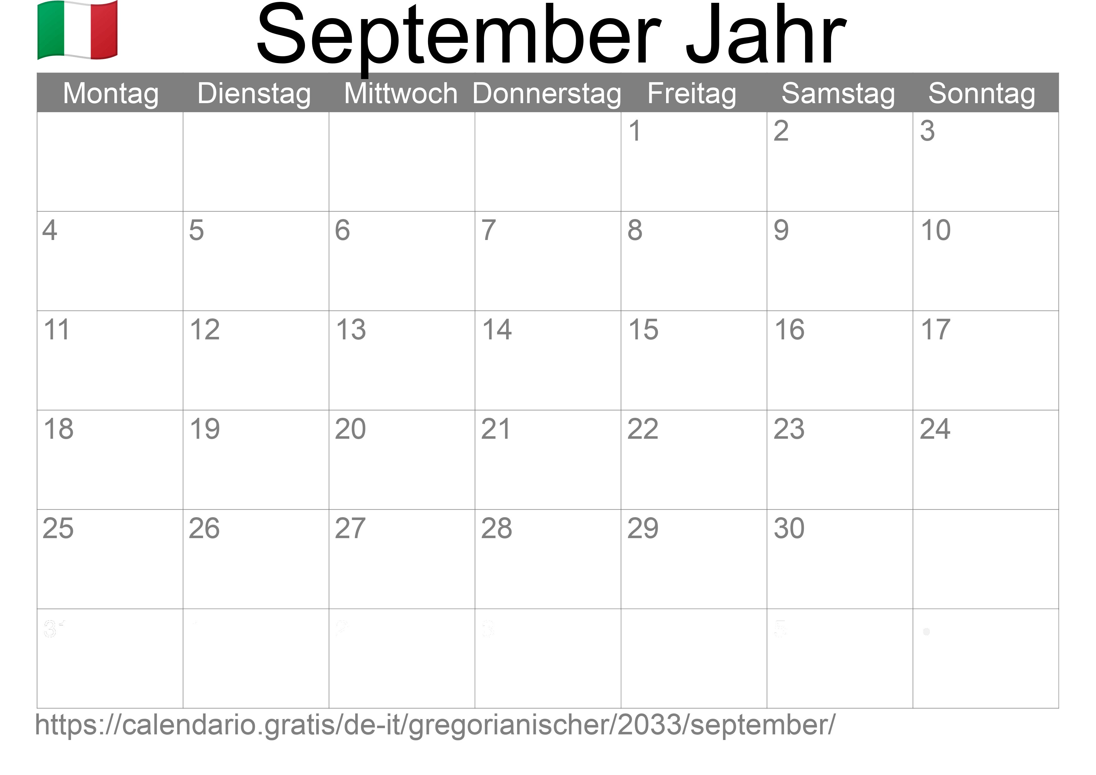 Kalender September 2033 zum Ausdrucken