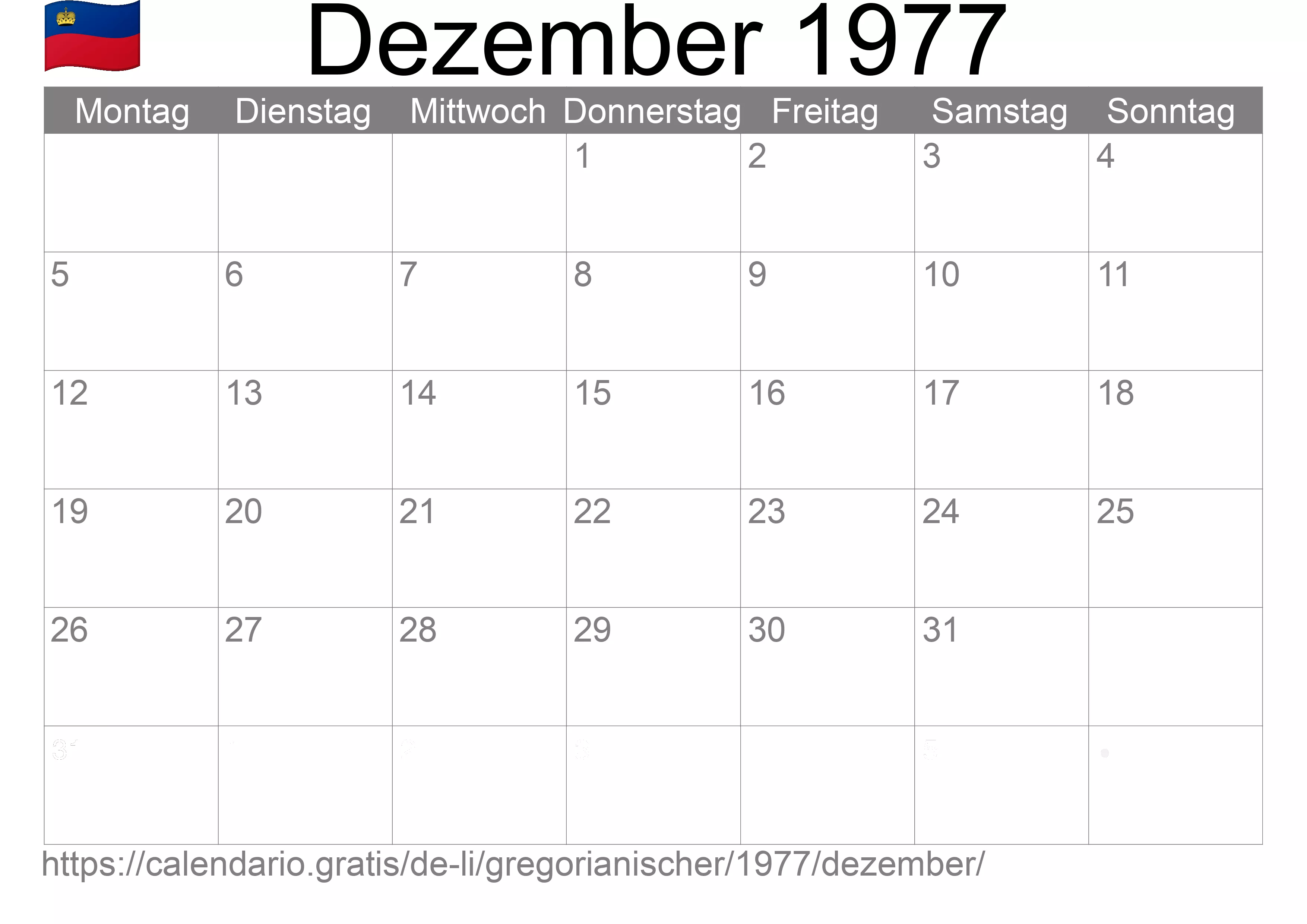 Kalender Dezember 1977 zum Ausdrucken (Liechtenstein)